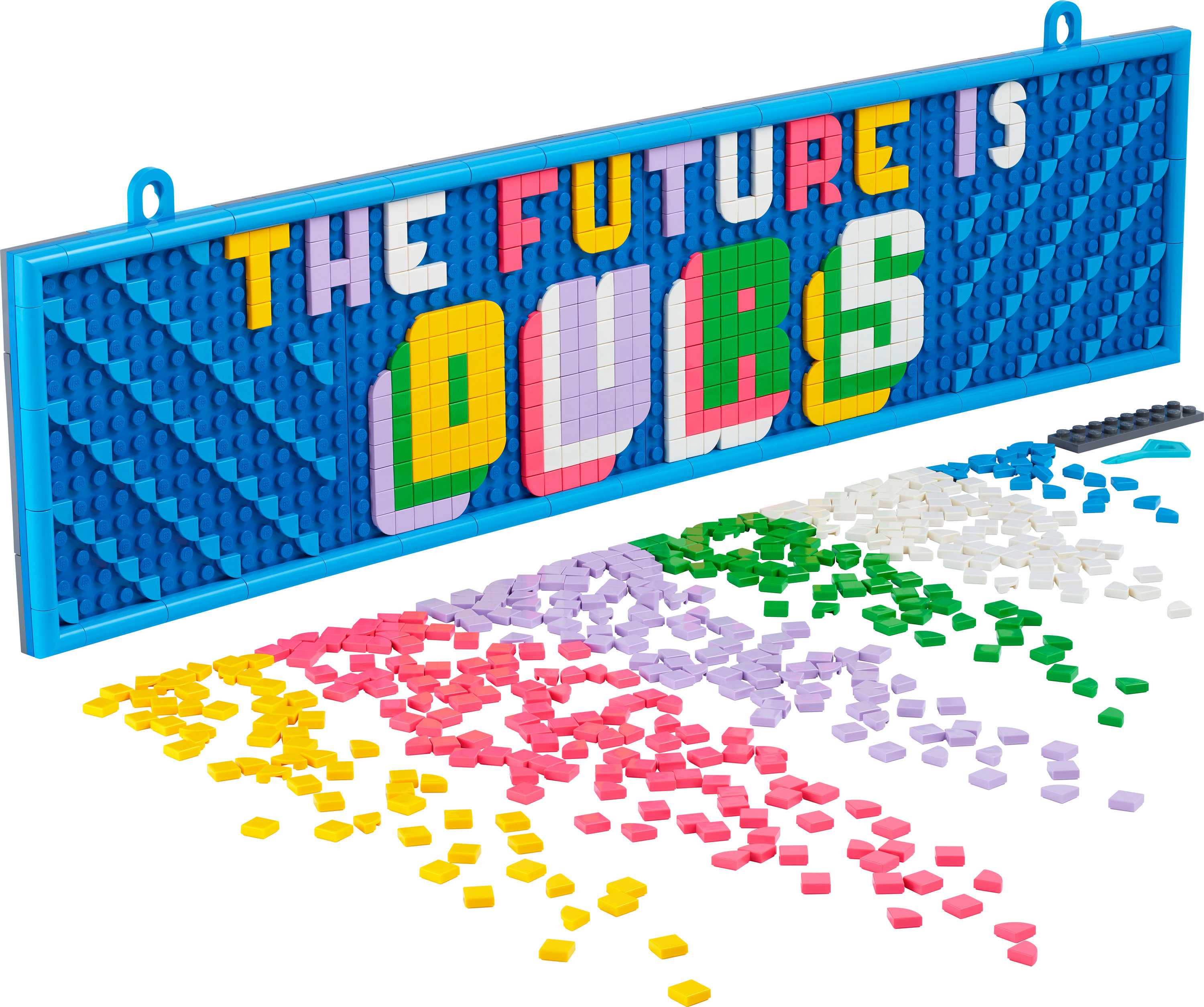 Lego-Kunstset: Blauer Rahmen mit dem Text „THE FUTURE IS OURS“ und verstreuten farbigen Steinen. Hell und kreativ.