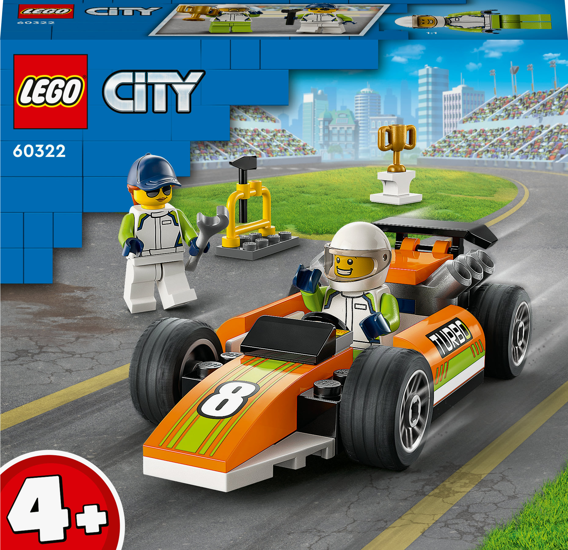 LEGO City raceauto set met een raceauto, figuren en een finishlijn op een witte achtergrond.