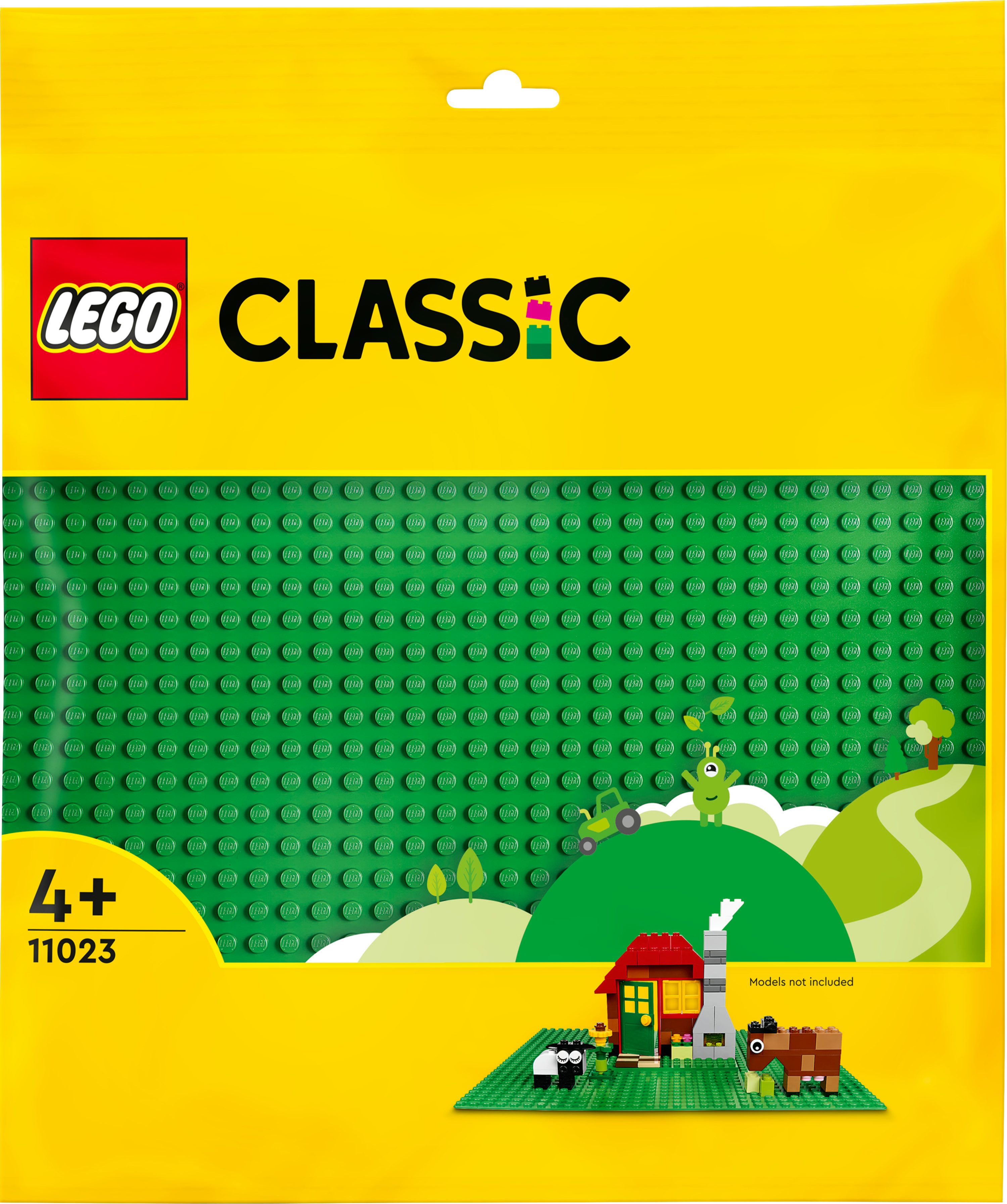 Opakowanie Lego Classic: zielona płytka konstrukcyjna, mały domek i krowa.
