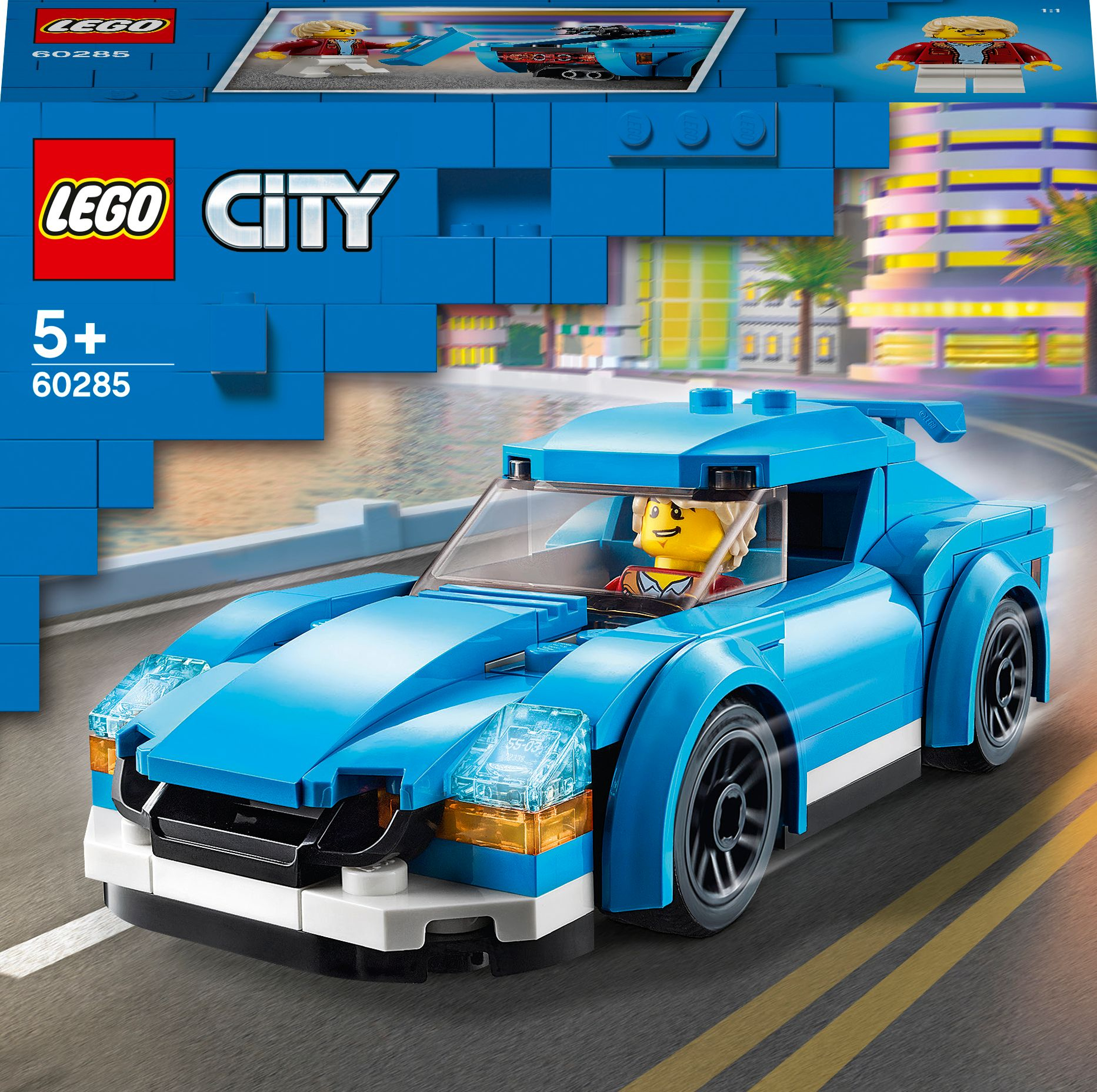 Lego City Set mit einem blauen Sportwagen. Eine Frau fährt das Auto. Die Box ist im Bild.