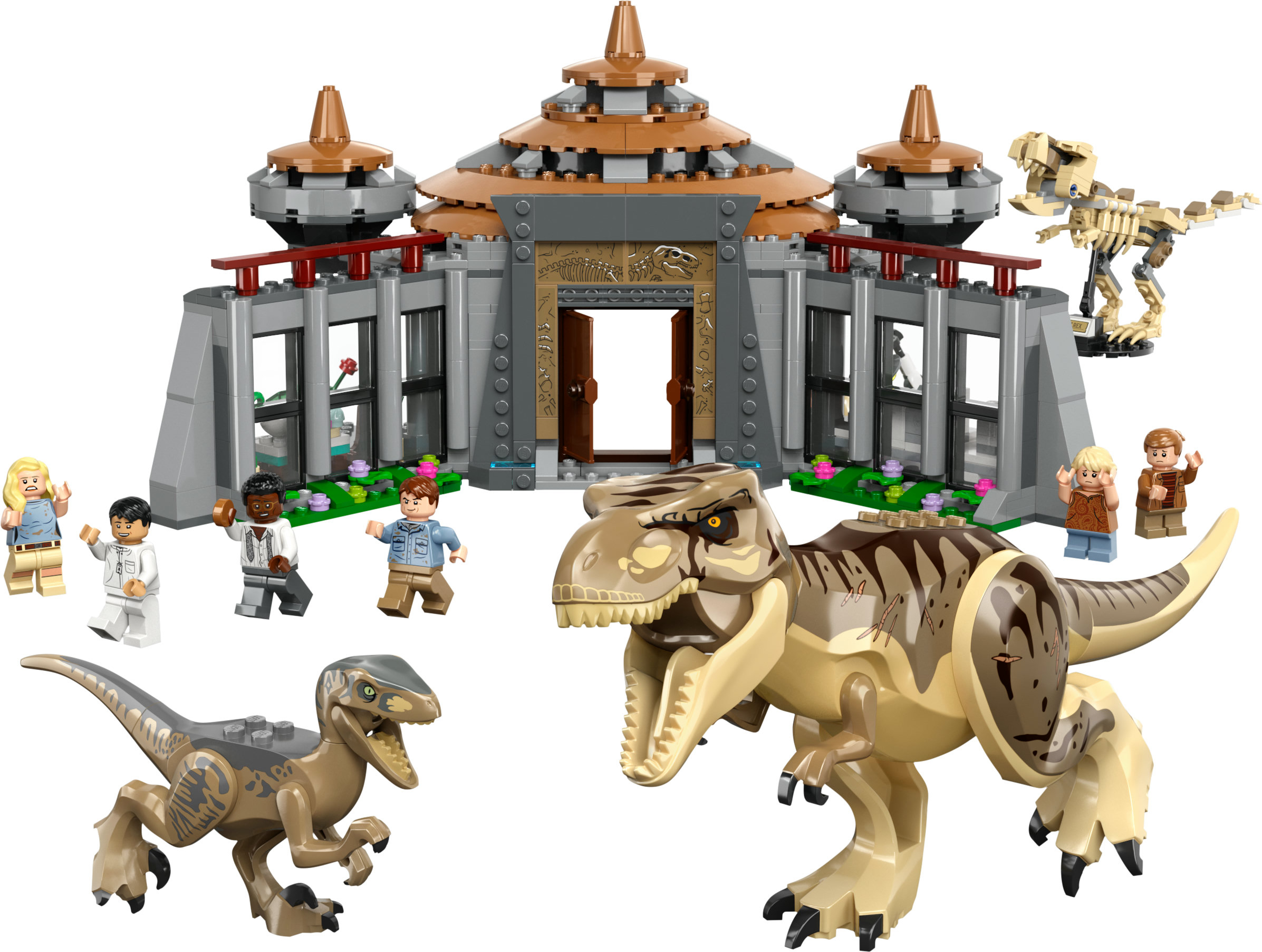 Zestaw Lego Jurassic Park z dinozaurami, bramą i kilkoma minifigurkami postaci z filmu.