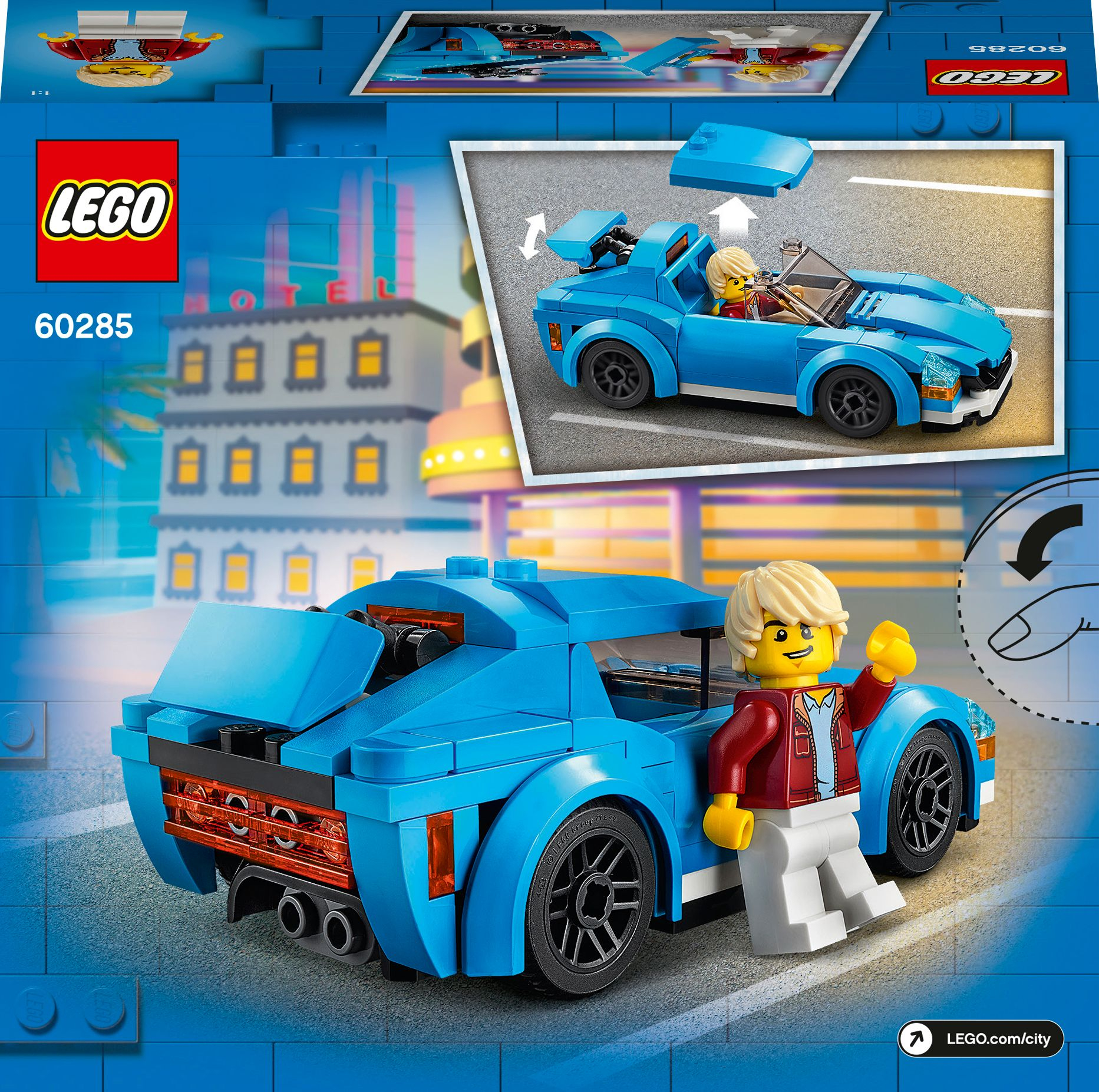 Ein Lego City blaues Sportwagen-Set mit einer Minifigur, die daneben steht.