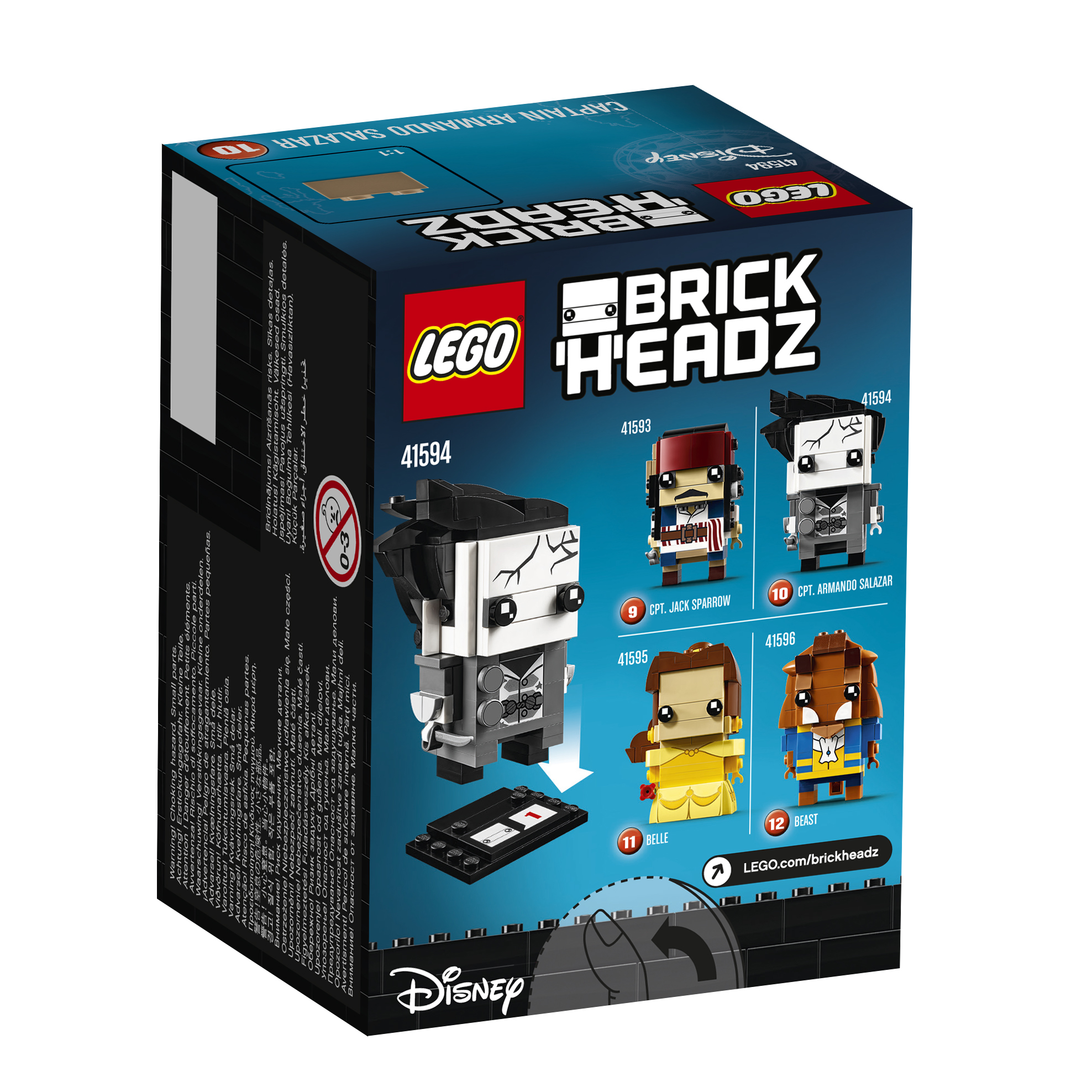 Lego BrickHeadz Box mit verschiedenen Disney-Charakteren, darunter Captain Salazar, Belle und Beast.