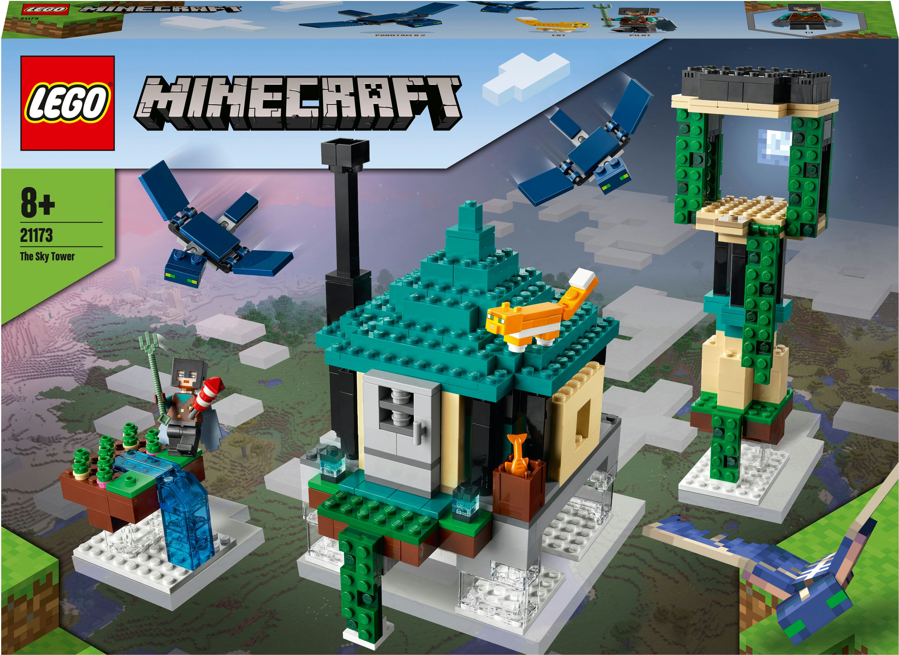 Set Lego Minecraft The Sky Tower. L'immagine mostra la torre assemblata e altre costruzioni di Minecraft.