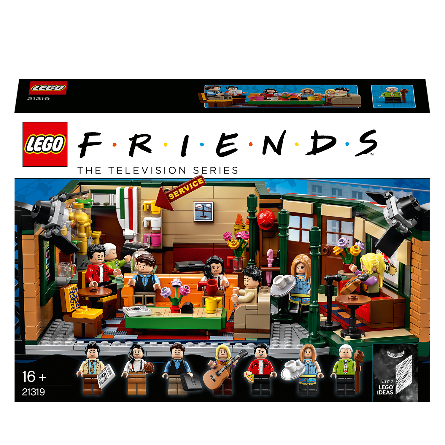 Zestaw Lego Friends z figurkami i budynkami, w tym kawiarnią Central Perk, na białej powierzchni.