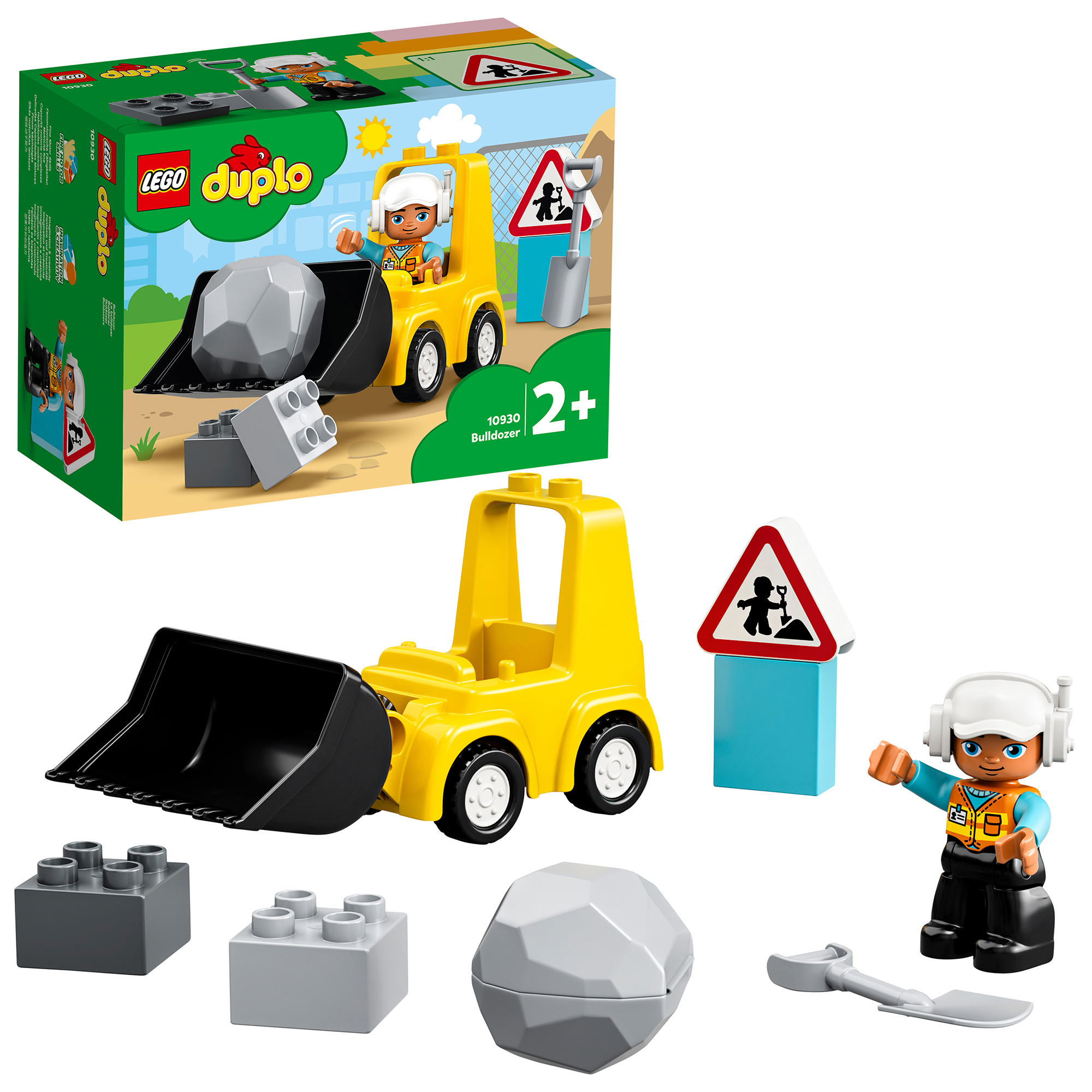 Set LEGO Duplo Bulldozer, un bulldozer giallo, un operaio edile, rocce e segnali. Per bambini dai 2 anni in su.