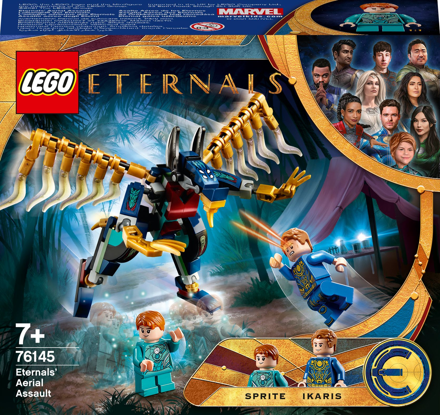 Lego-Set-Box, Eternals-Thema. Enthält Figuren, ein geflügeltes Wesen und das Marvel-Logo.
