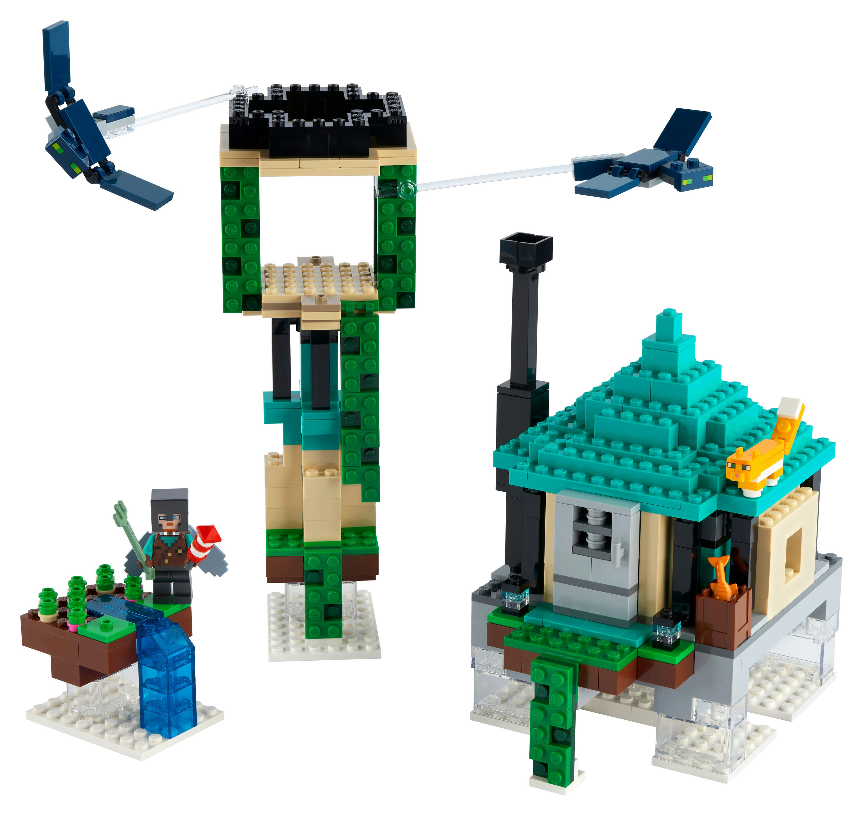 Set Lego Minecraft con strutture, personaggi ed elementi volanti su sfondo bianco.