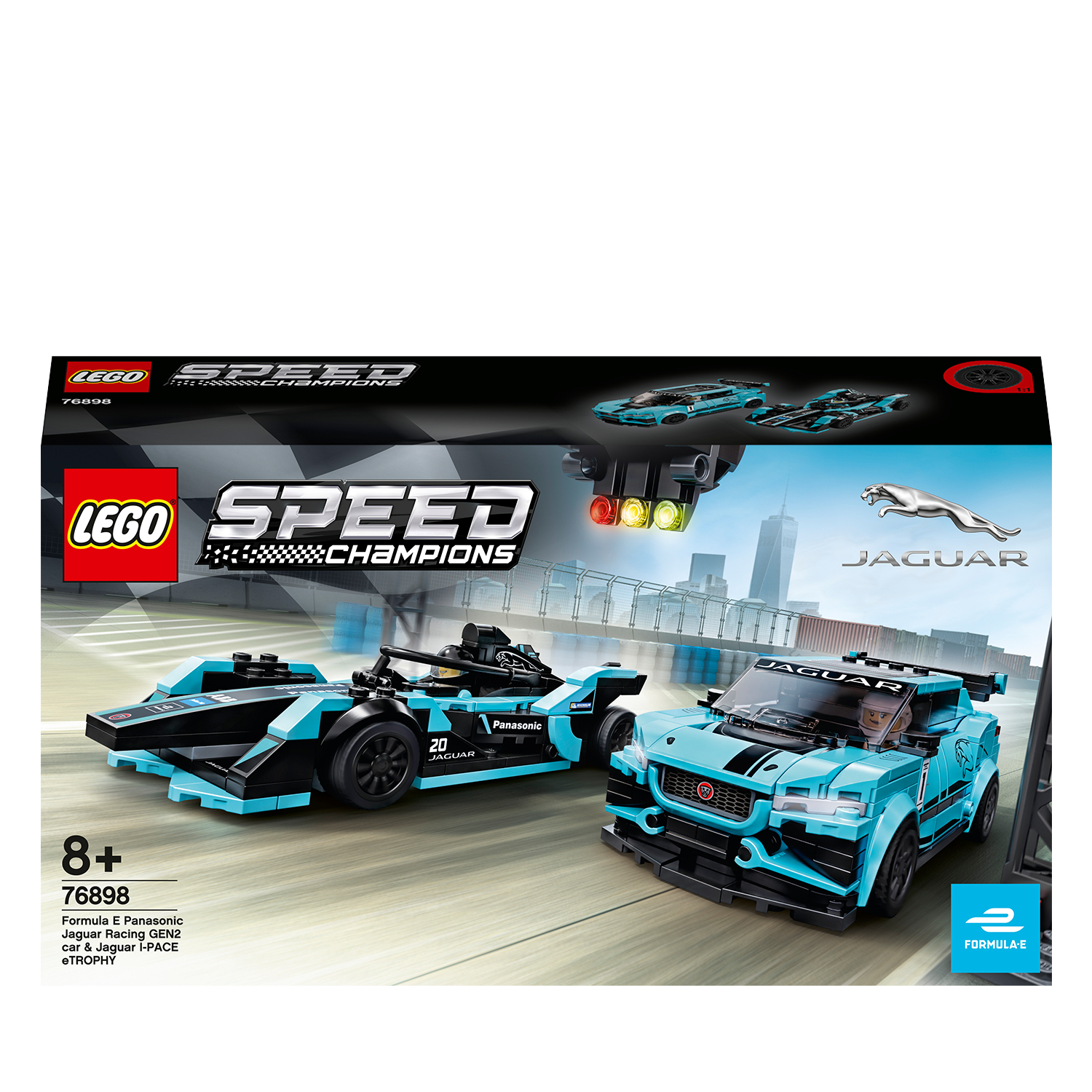 Una scatola del set Lego Speed Champions con due auto da corsa. Il marchio Jaguar è ben visibile.