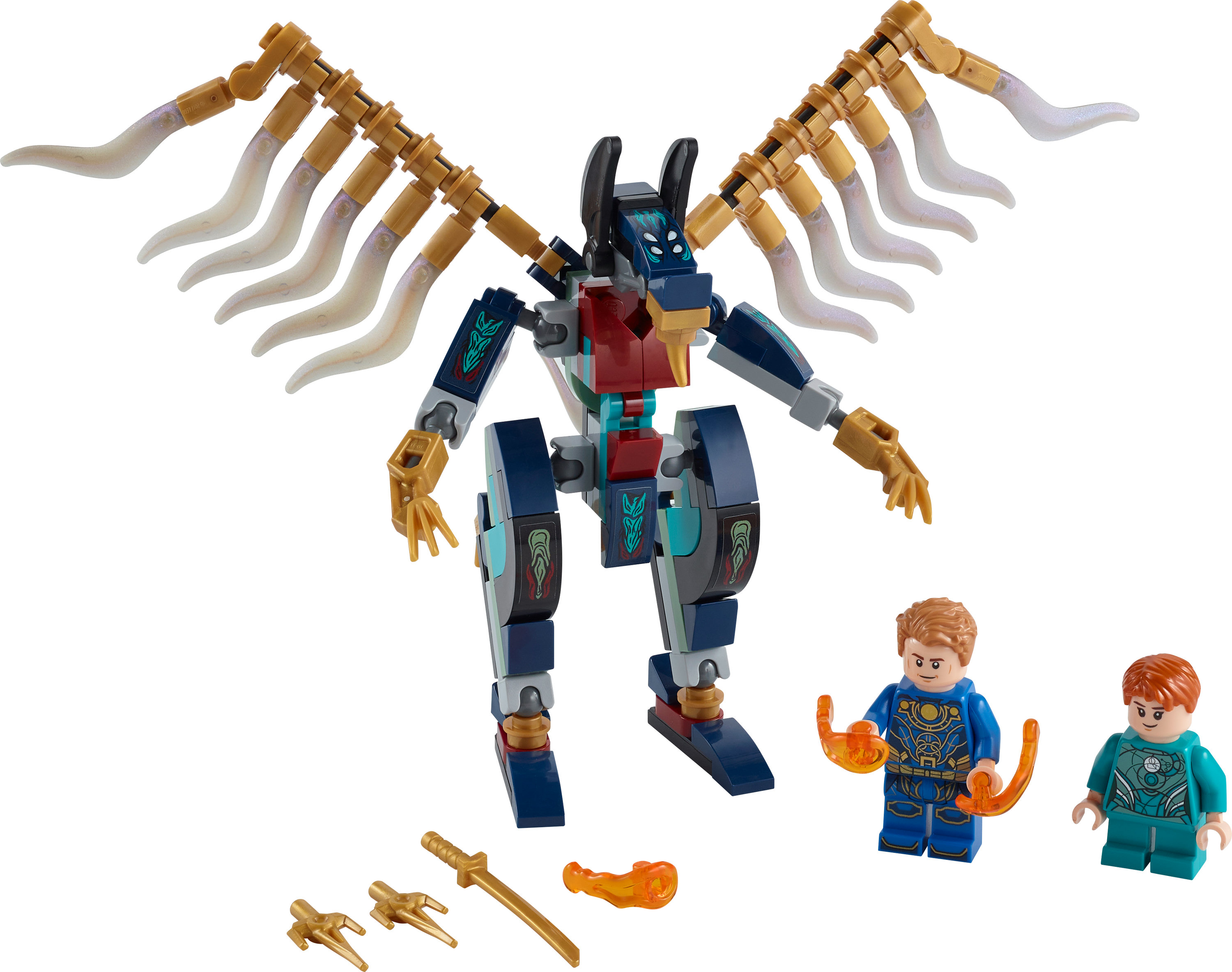 Ein Lego-Set mit einem mechanischen Drachen mit Figuren von Charakteren, mit Waffen.