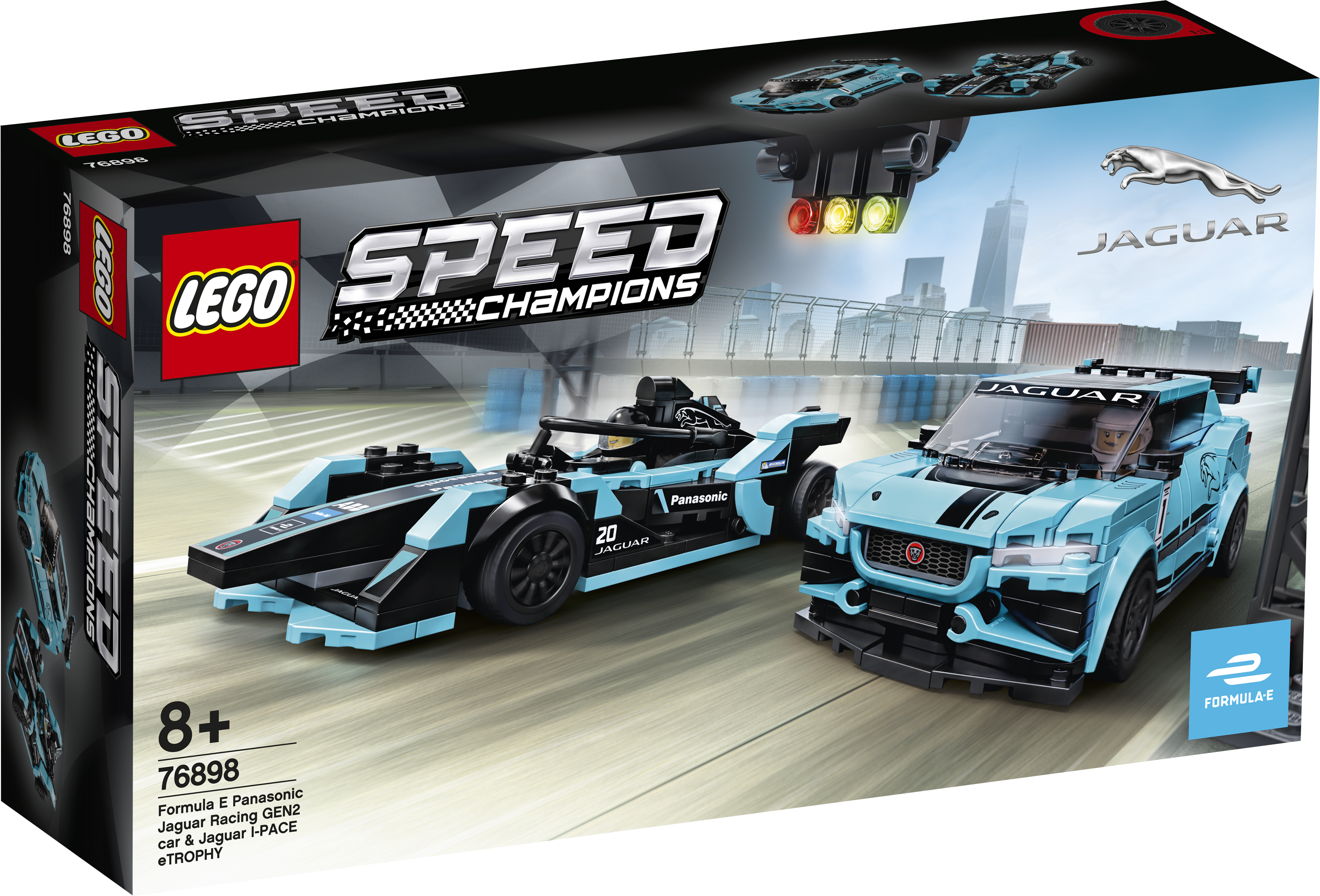 Scatola del set Lego Speed Champions. Vengono mostrate due auto: un'auto da corsa e un'auto da strada. Le auto sono blu.