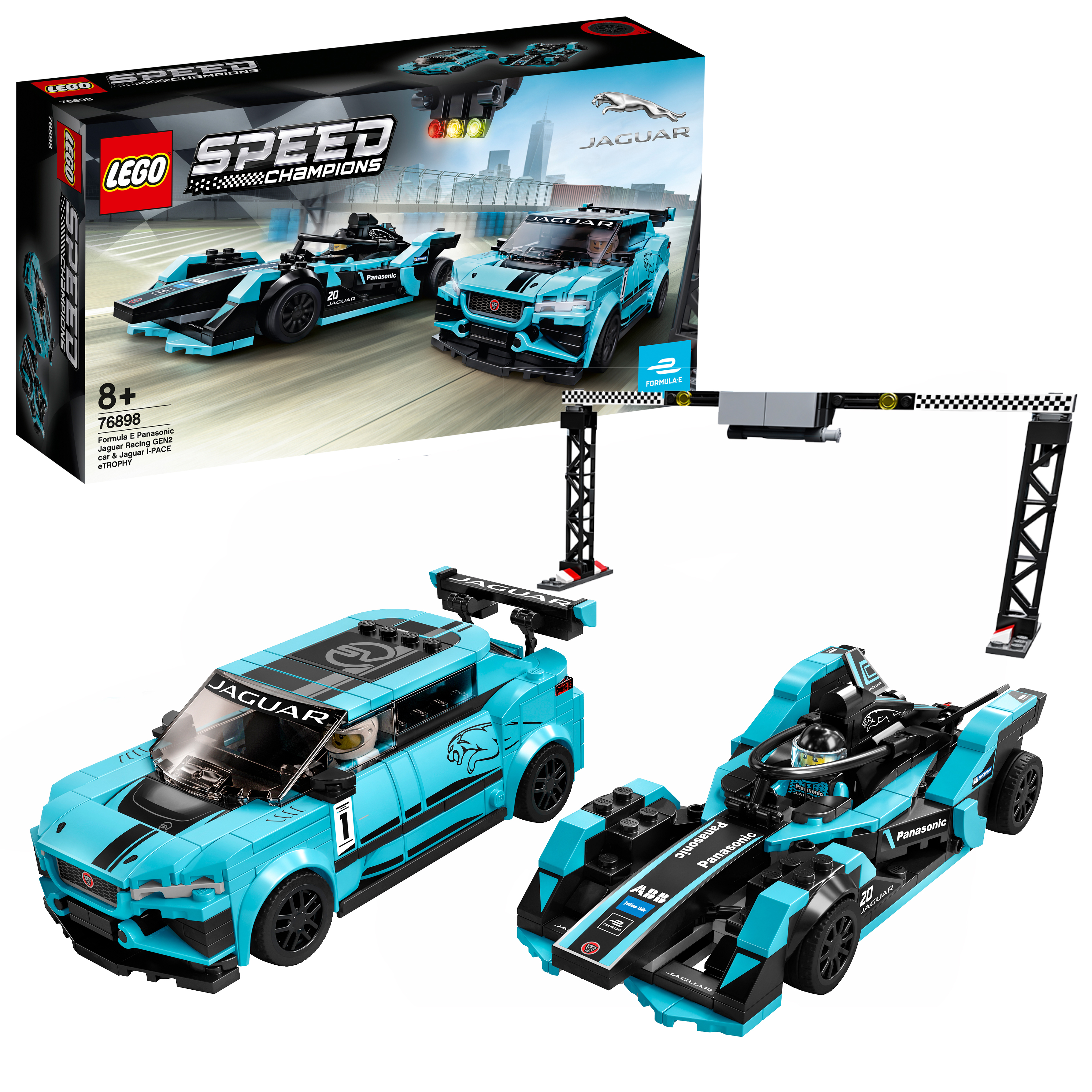 Set LEGO Speed Champions con due auto Jaguar, una nera e una azzurra, e setup della linea di partenza/arrivo.