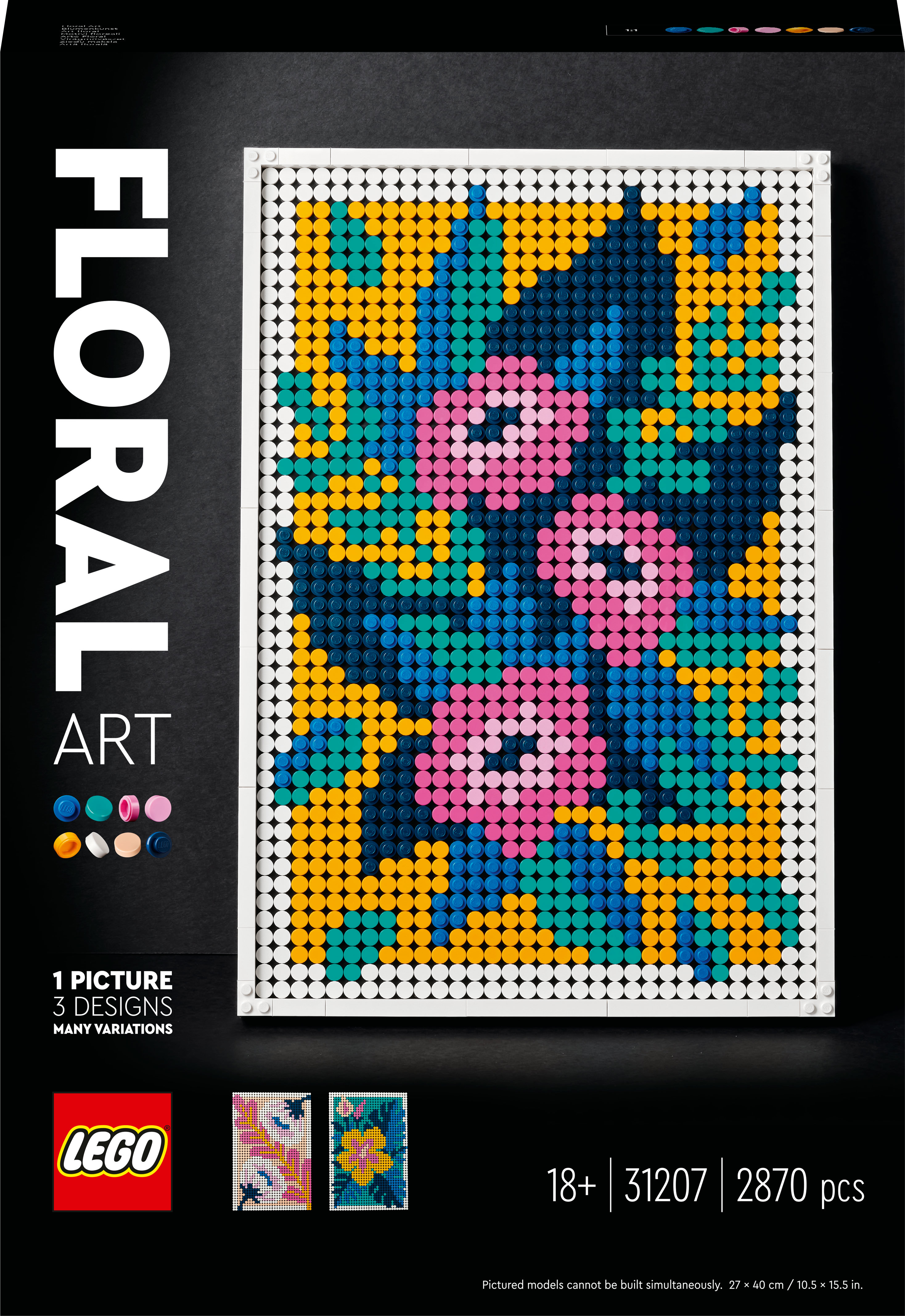Set de caja Lego Floral Art que muestra un diseño floral de mosaico colorido.