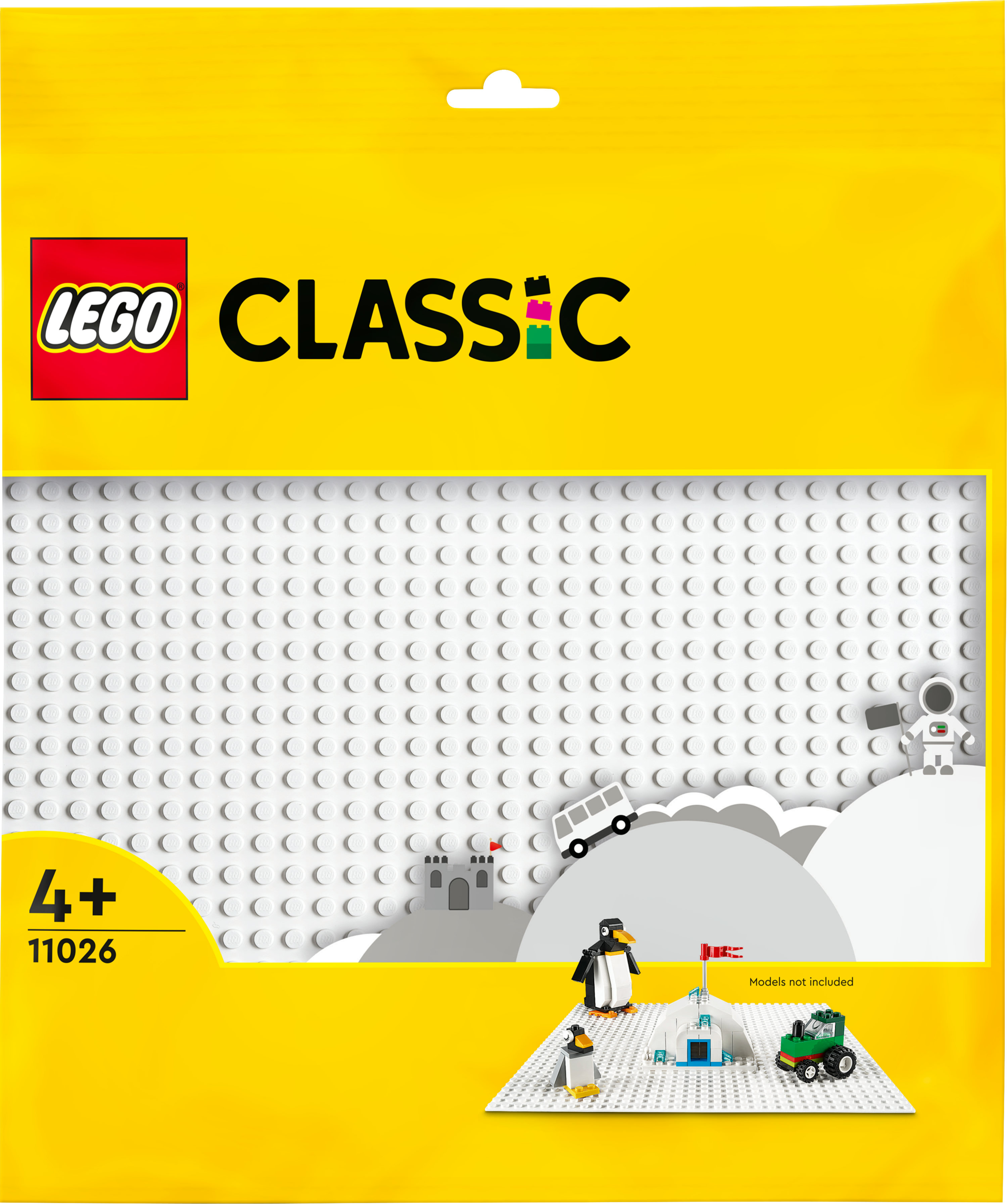 Lego Classic taban plakası ambalajı, Lego figürleri ve modelleriyle, bir penguen ve traktör dahil.