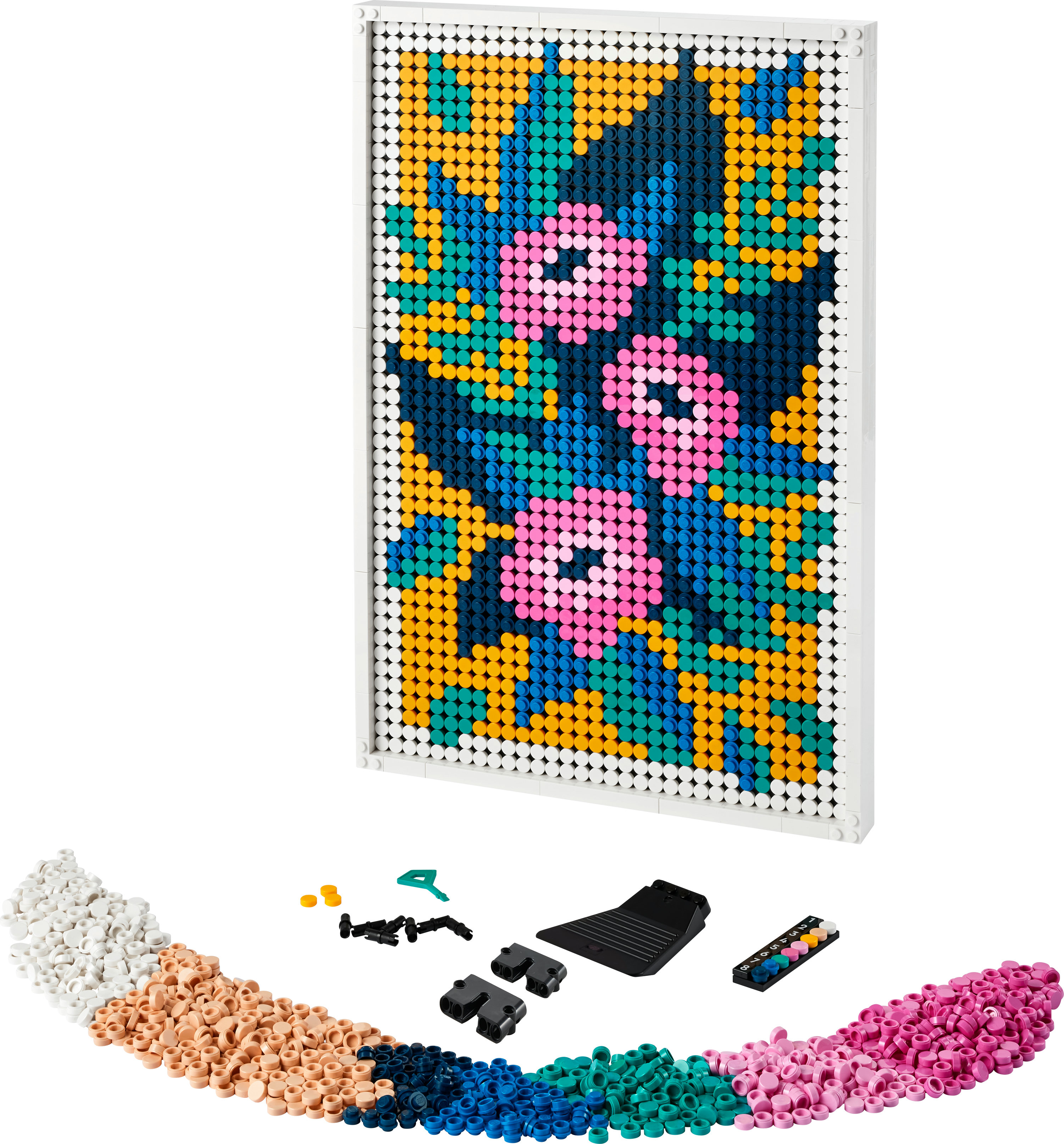 Set de arte Lego: diseño floral con ladrillos coloridos. Incluye ladrillos y herramientas.