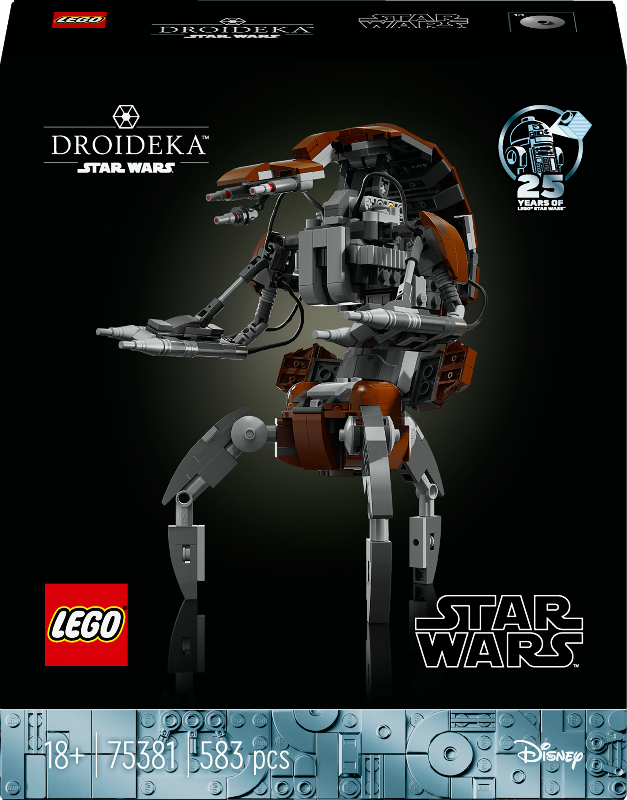 Pudełko zestawu Lego Star Wars przedstawia model Droideka w kolorach brązowym i szarym.