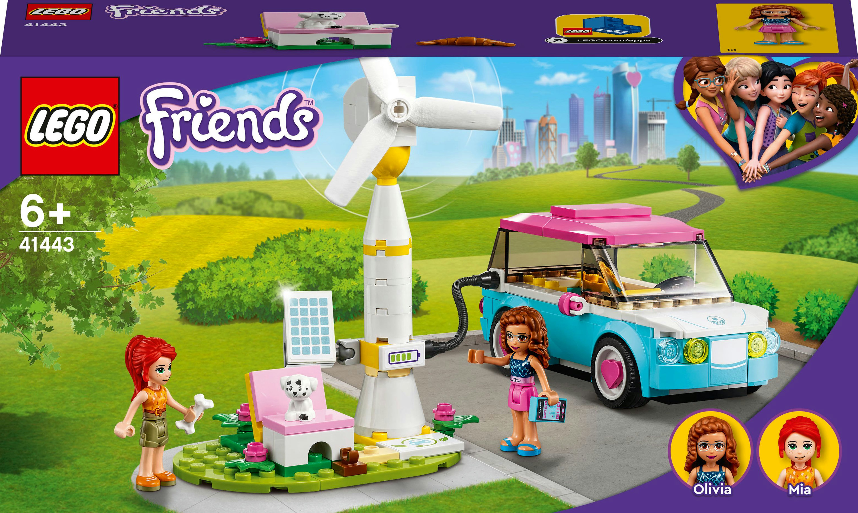 Lego Friends Set mit Auto, Windrad und Figuren in parkähnlicher Umgebung.