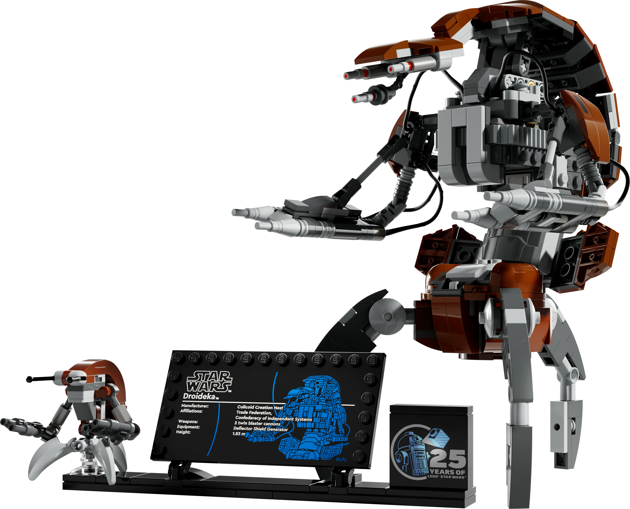 Zestaw Lego Star Wars przedstawia figurkę Droidki, stojak i wyświetlacz z tekstem.