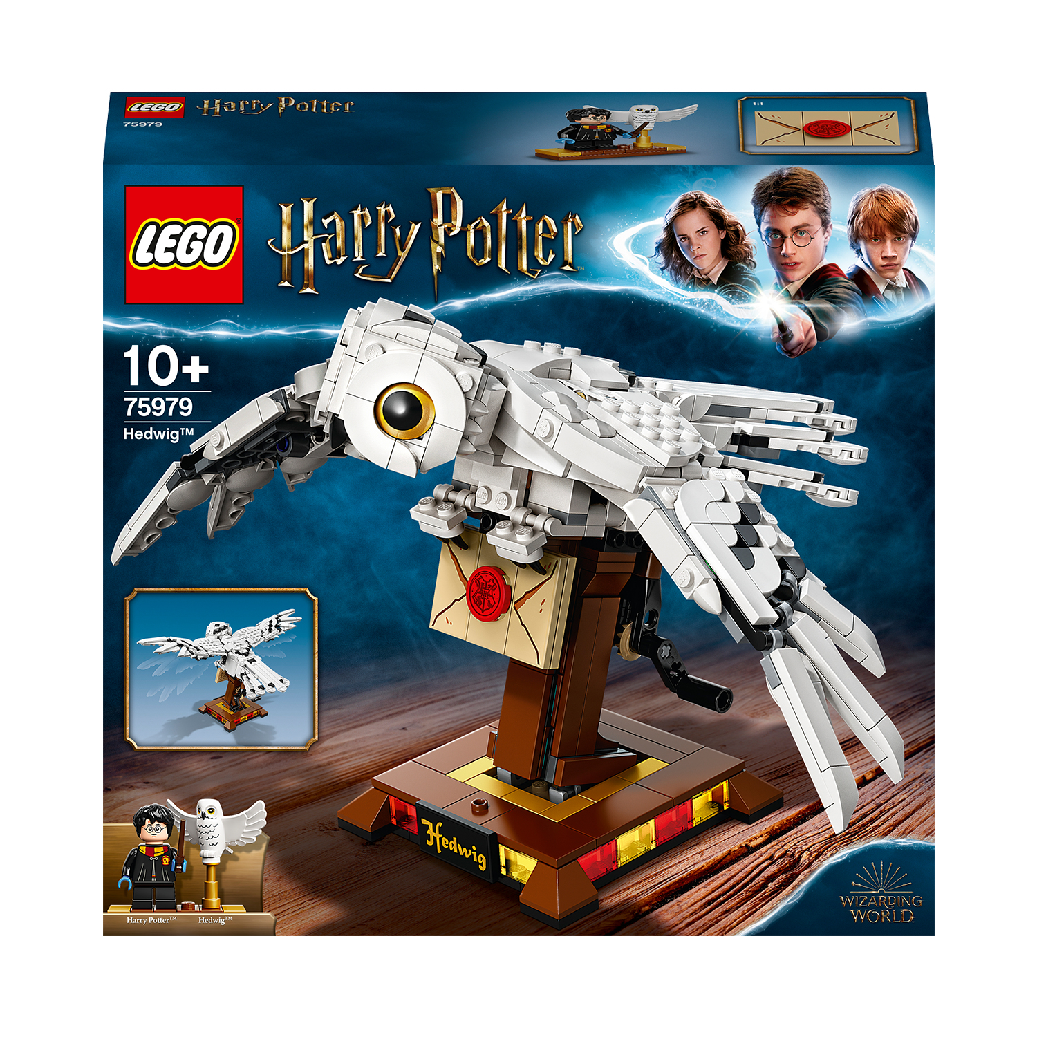 Ein Lego Harry Potter Hedwig Modell mit einer Box. Die Eule ist weiß, mit ausgebreiteten Flügeln, auf einem Ständer.
