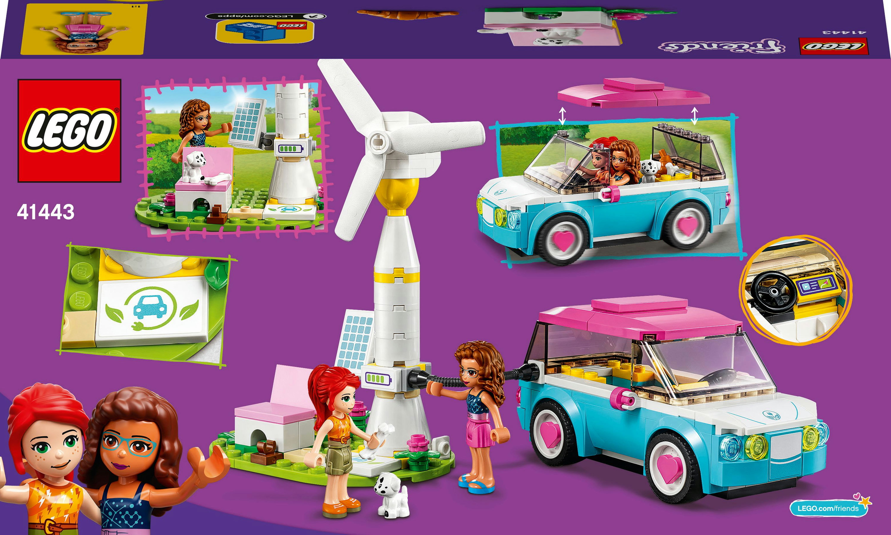 LEGO-Set mit Windrad, Auto und Figuren. Die Autos sind blau mit rosa Dächern. Die Figuren halten Zubehör.