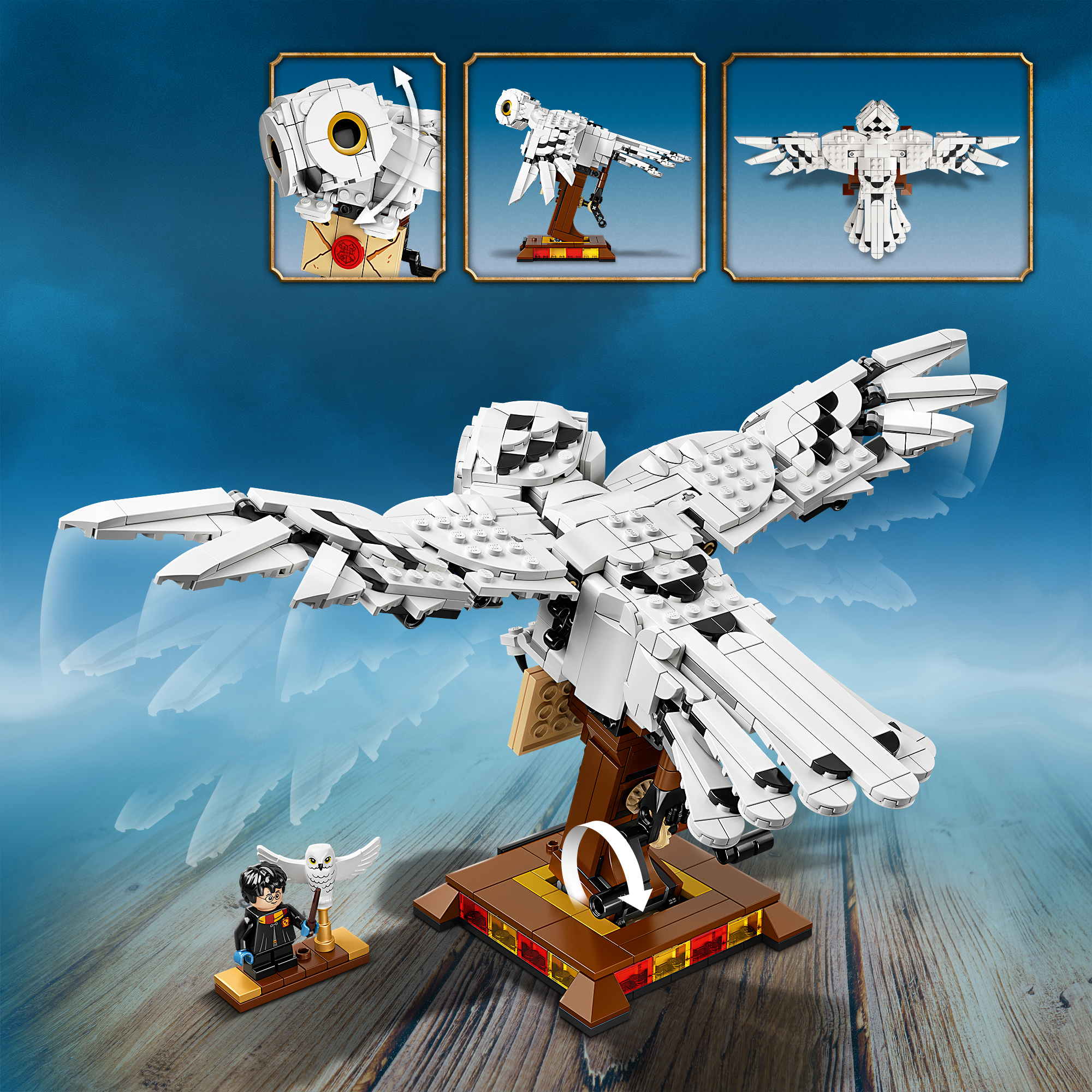 LEGO Harry Potter Hedwig Set mit einer weißen Eulenfigur in verschiedenen Posen, mit dem Hogwarts-Logo.