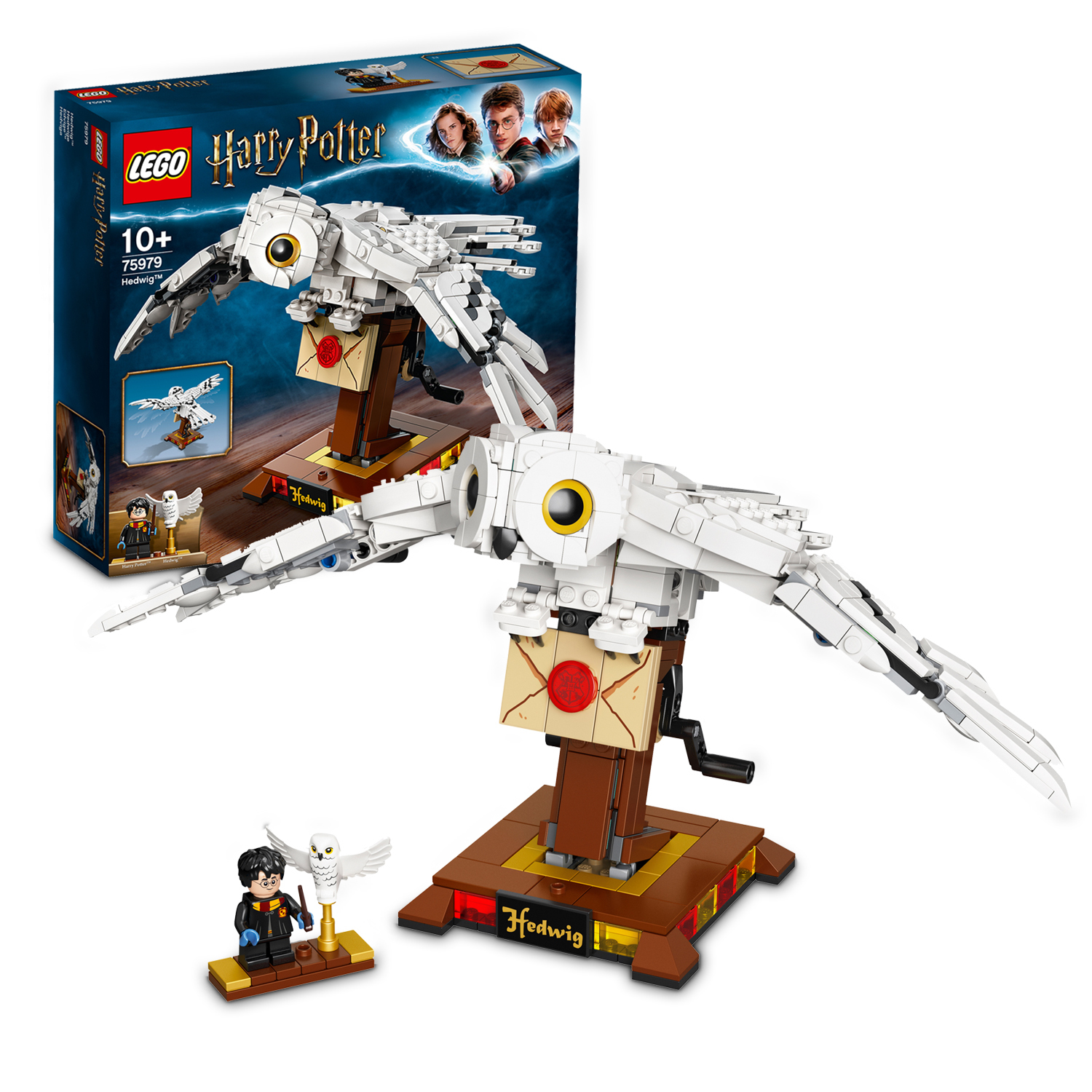 Lego Harry Potter Set: Hedwig die Eule auf einem Ständer, mit Brief und Harry Potter Figur.