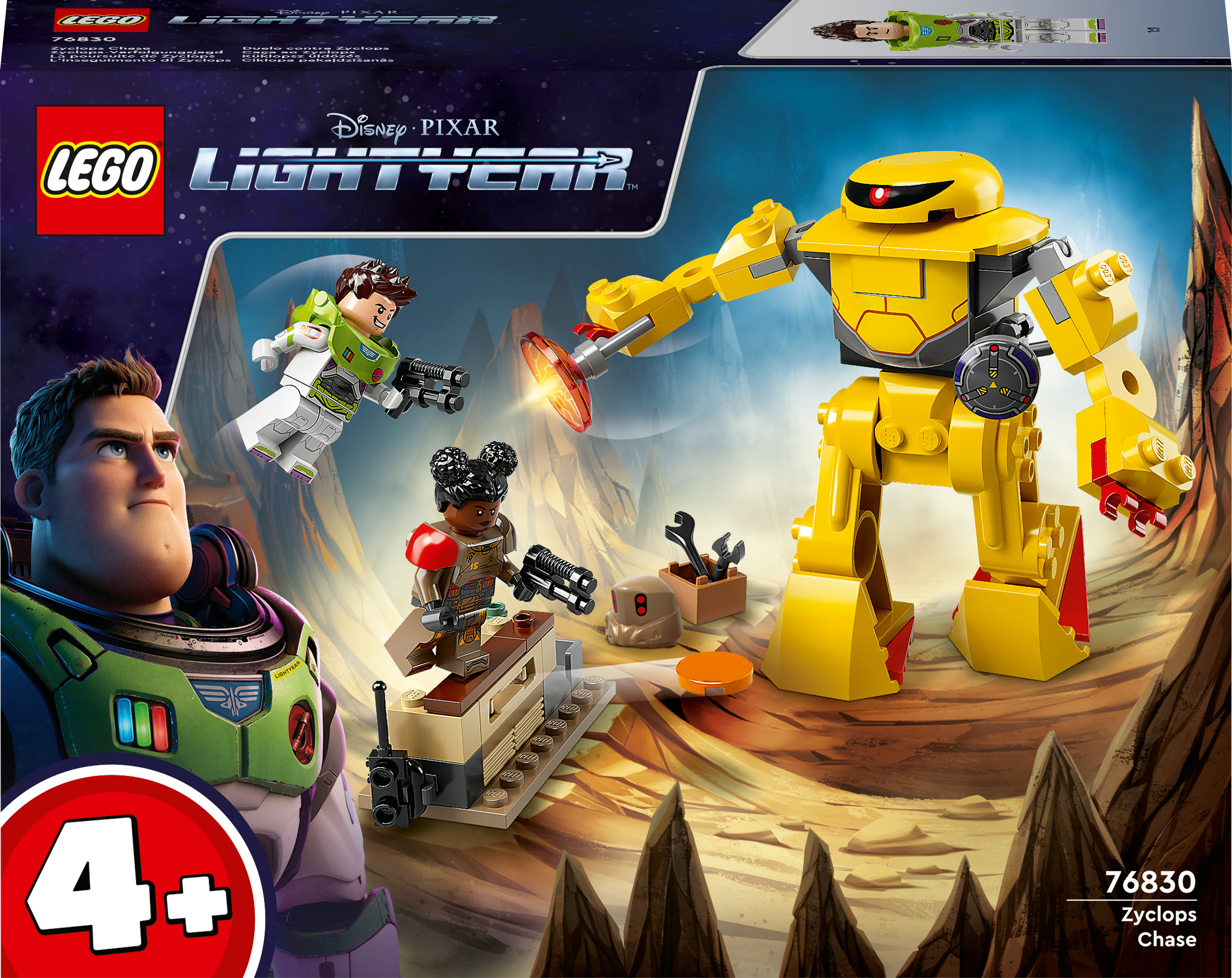 Lego Lightyear Set mit einem großen gelben Roboter, der gegen Figuren und ein Raumschiff kämpft.