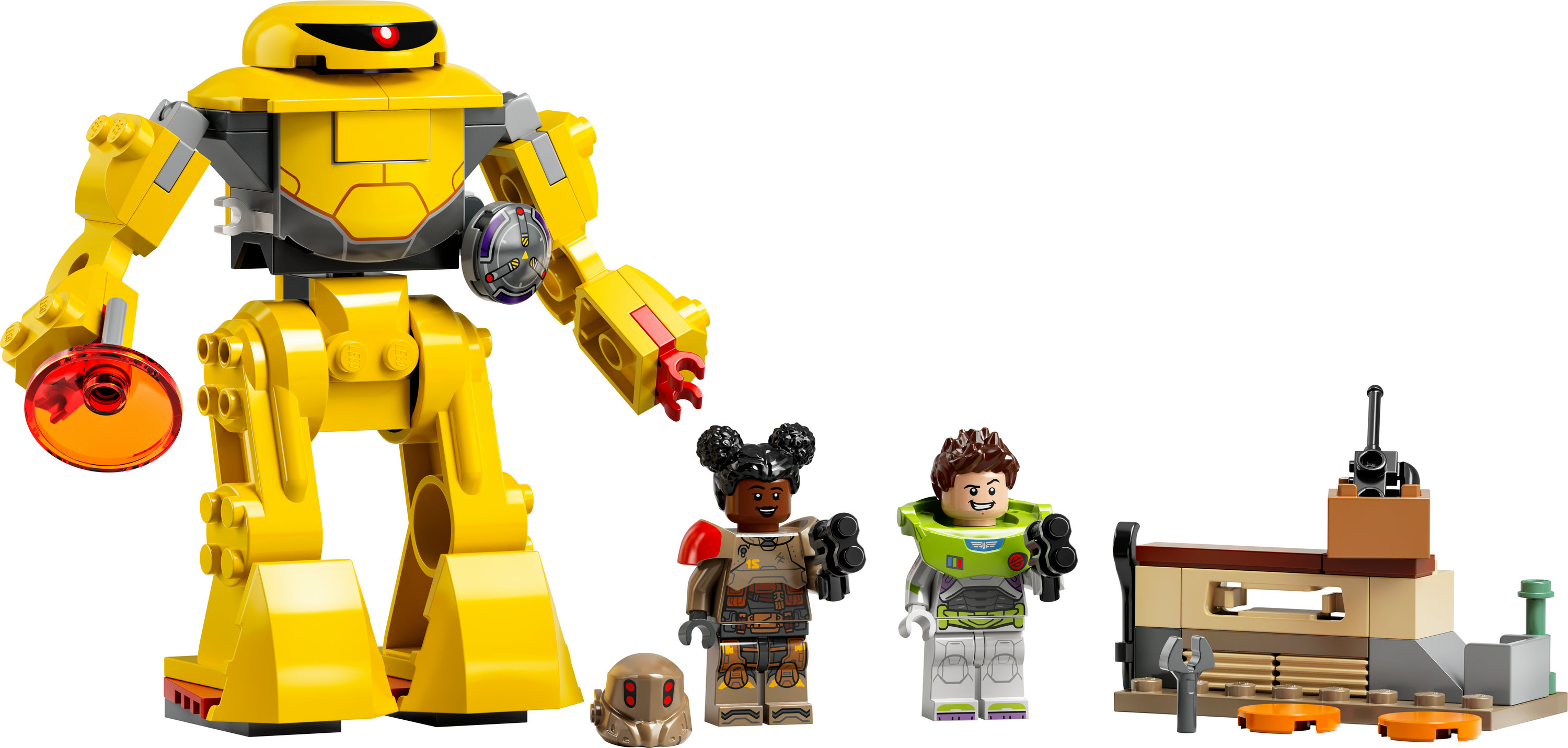 LEGO Buzz Lightyear Set mit gelbem Roboter, Kontrollstation und Figuren.