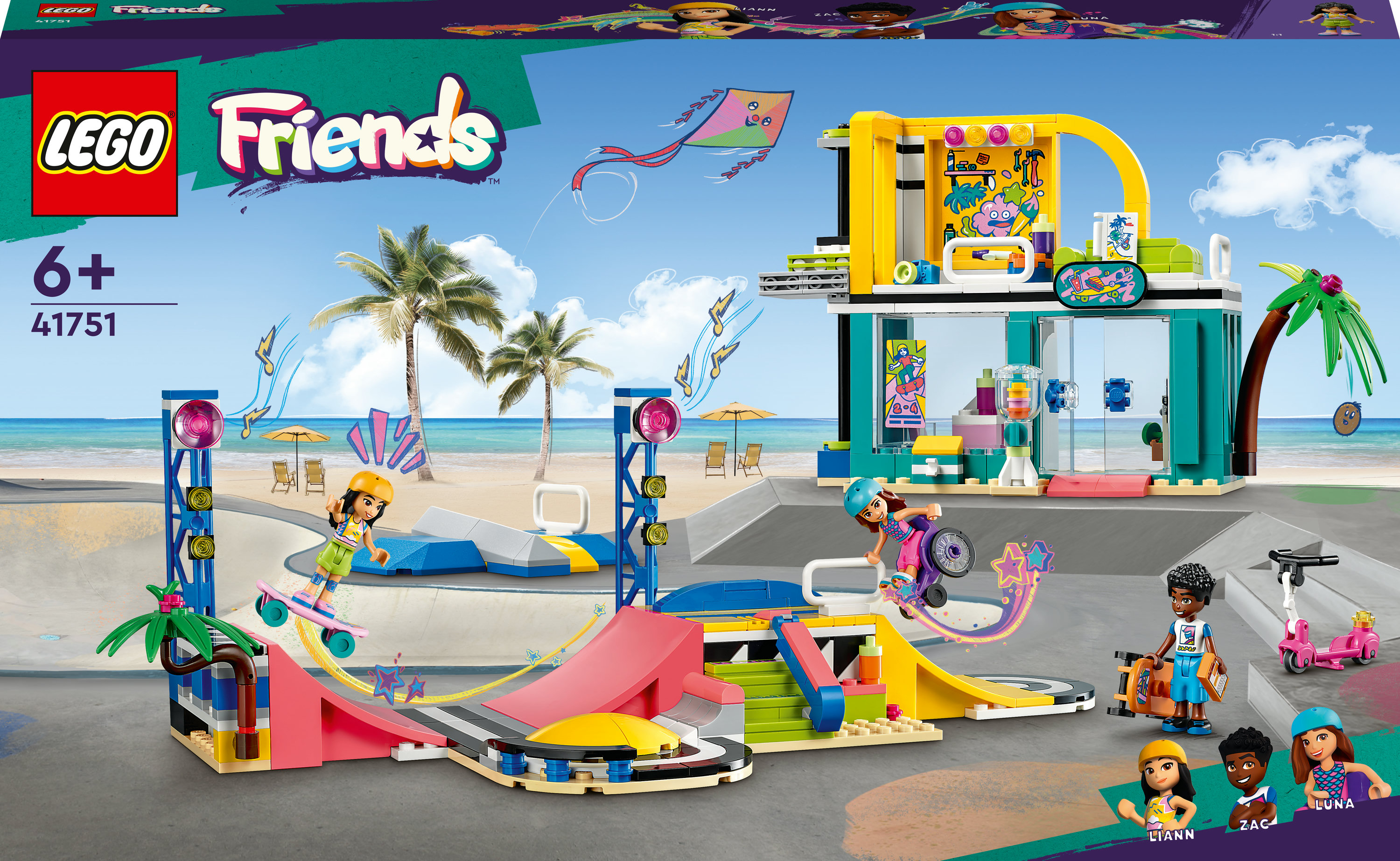Een Lego Friends set met een skatepark met hellingen en figuren die skateboarden en fietsen.