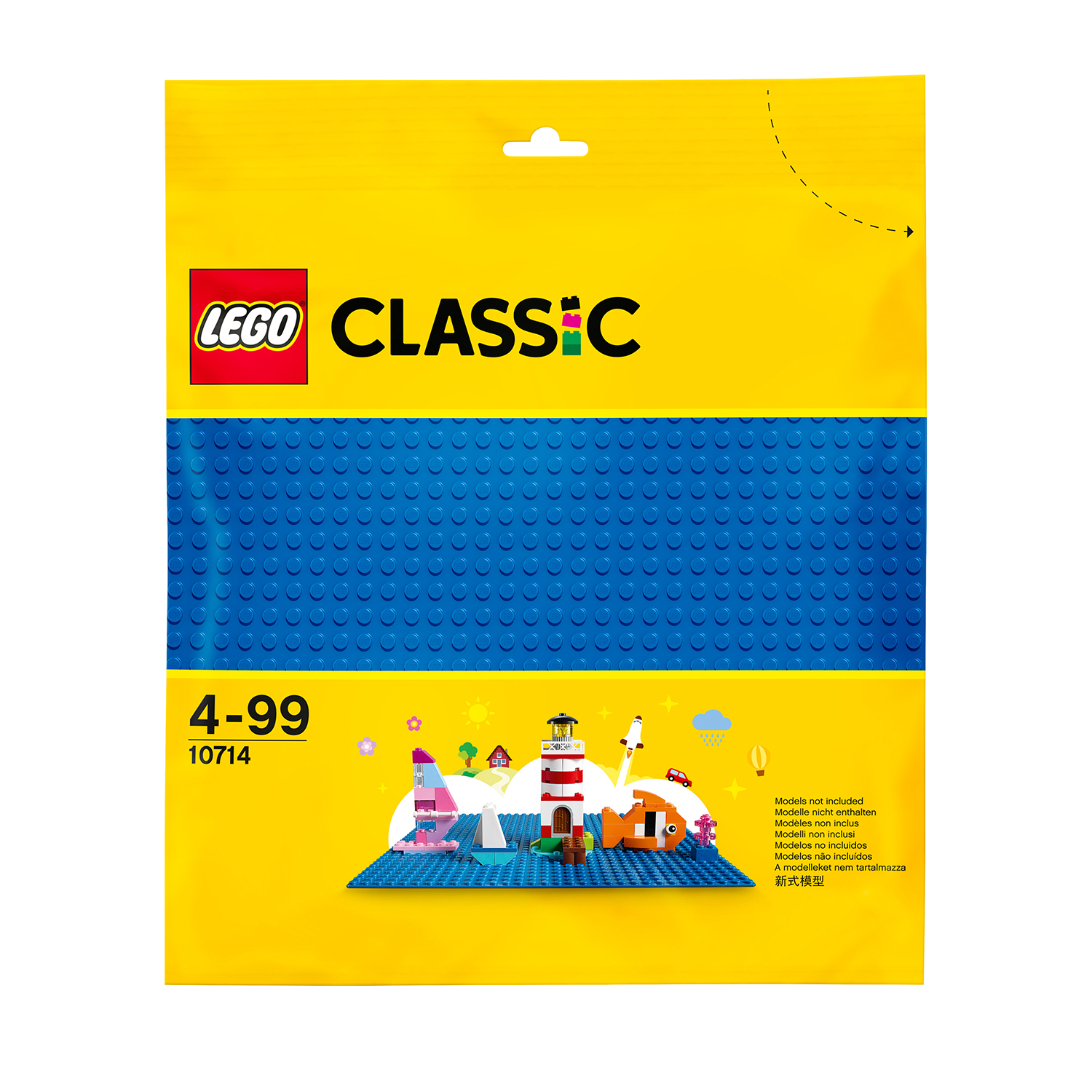 Opakowanie płyty konstrukcyjnej Lego Classic. Pokazuje niebieską płytę podstawową i ilustracje budynków.