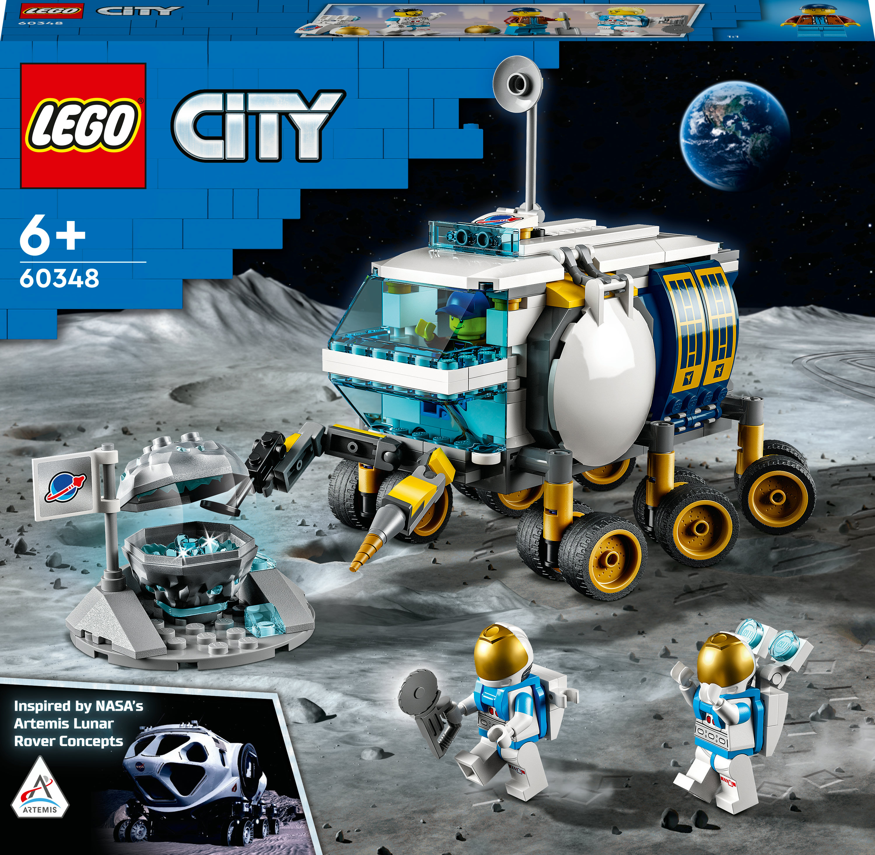 Lego-Weltraumrover mit Astronauten und einer Mondstation. Ein Hintergrund des Mondes und des Weltraums.