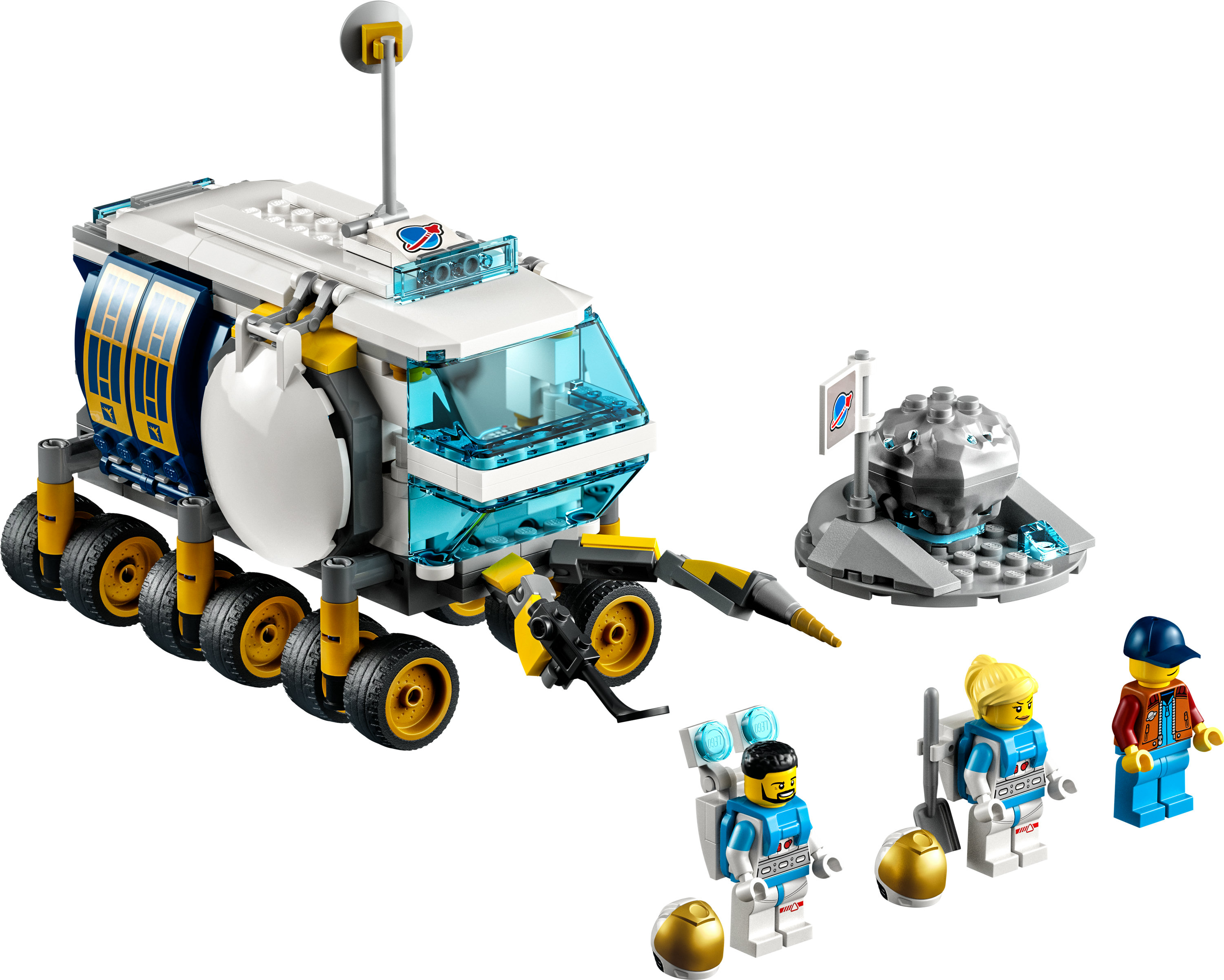 LEGO City Weltraumrover-Set mit weiß-blauem Rover, Astronauten und Mondbasis.