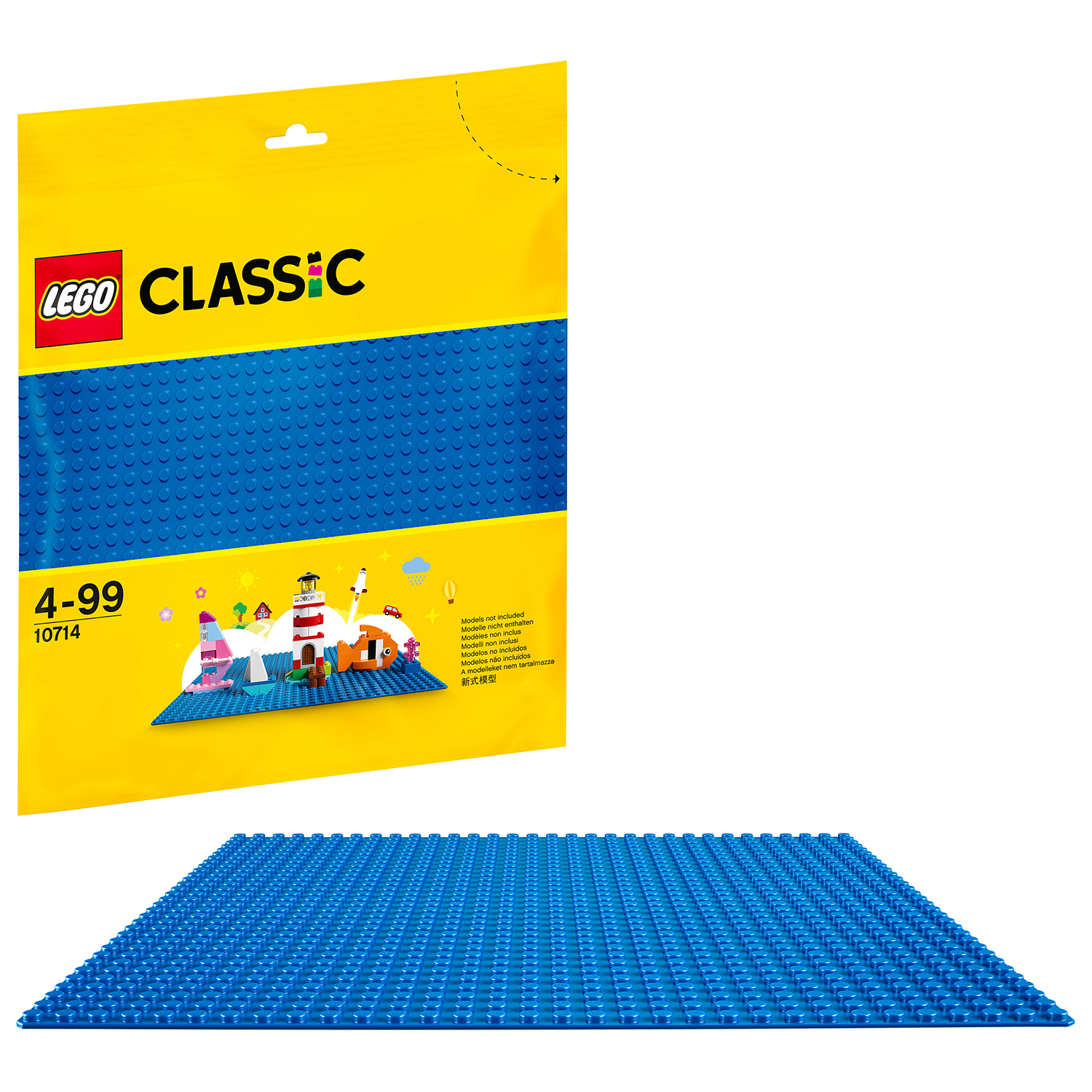 Płytka bazowa LEGO Classic, duża niebieska płytka z wypustkami i opakowanie LEGO.