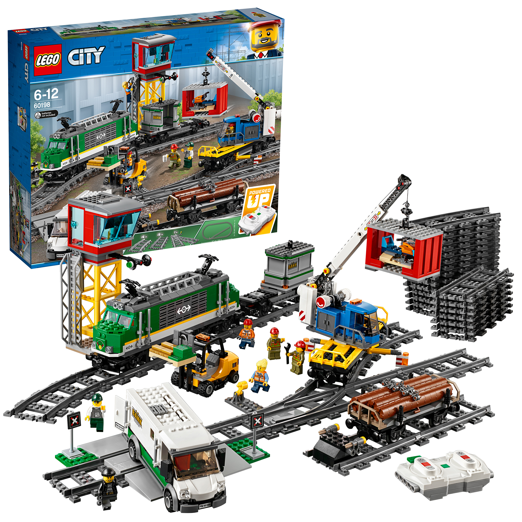 Zestaw pociągu Lego City z zielonym pociągiem, figurkami, torami i dźwigiem załadunkowym.