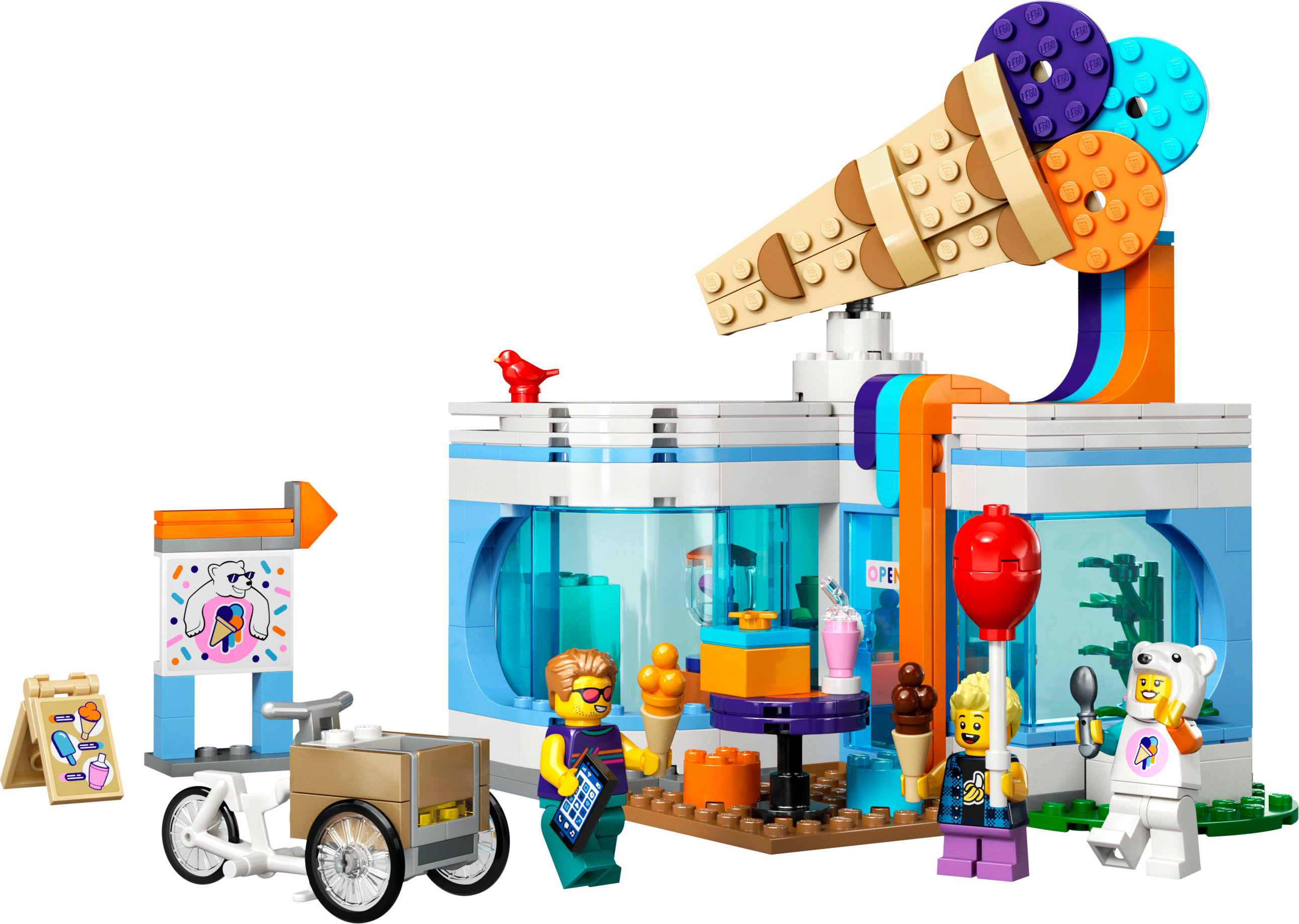 Set Lego Friends gelateria. Include un negozio, una bicicletta e personaggi. Sfondo bianco.