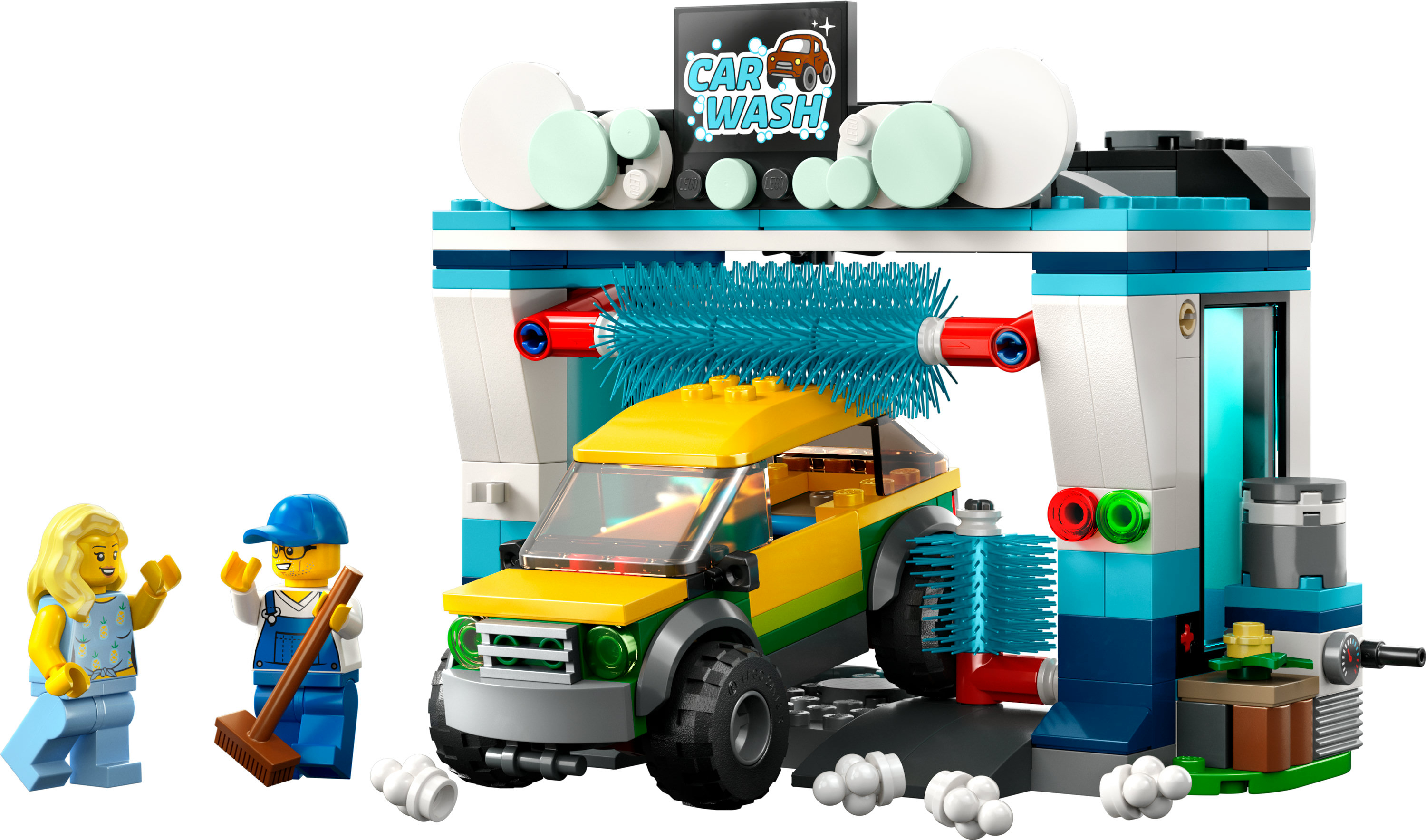 LEGO City Autowaschanlagen-Set mit gelbem Auto und Figuren, einschließlich Bürsten und Seife.