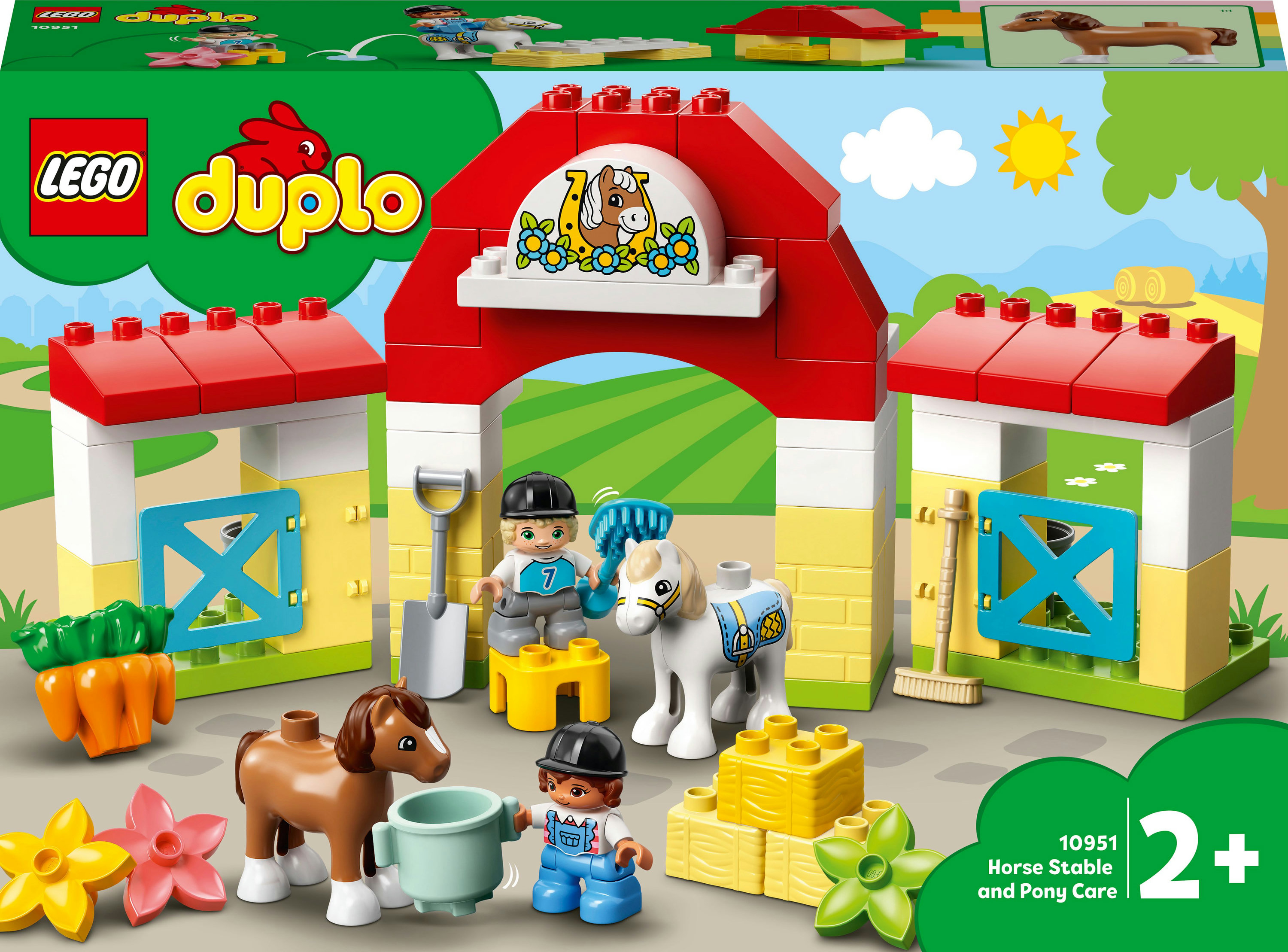 Set Lego Duplo scuderia. Include un fienile rosso, cavalli, personaggi e accessori agricoli.