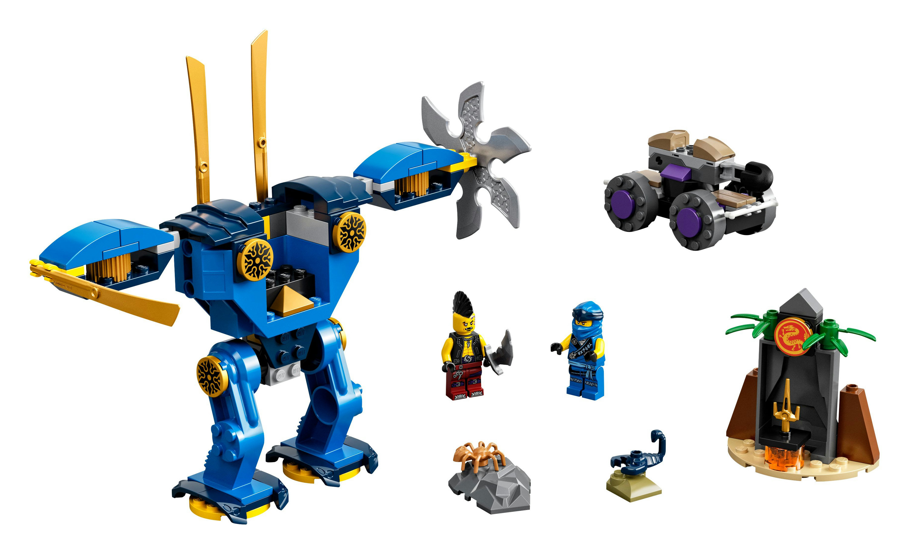 Ein LEGO Ninjago Set mit einem blauen Mech, kleinen Fahrzeugen und mehreren Minifiguren auf weißem Hintergrund.
