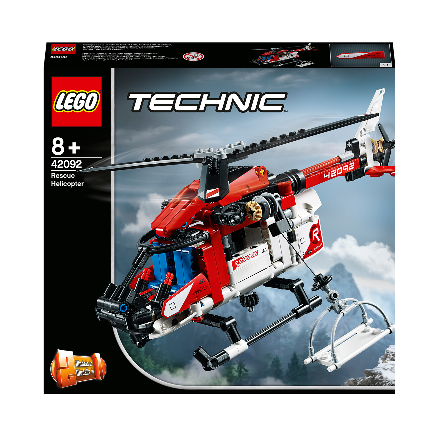 Lego Technic Rescue Helicopter box set. Red and white helicopter with blades and a rescue cradle.