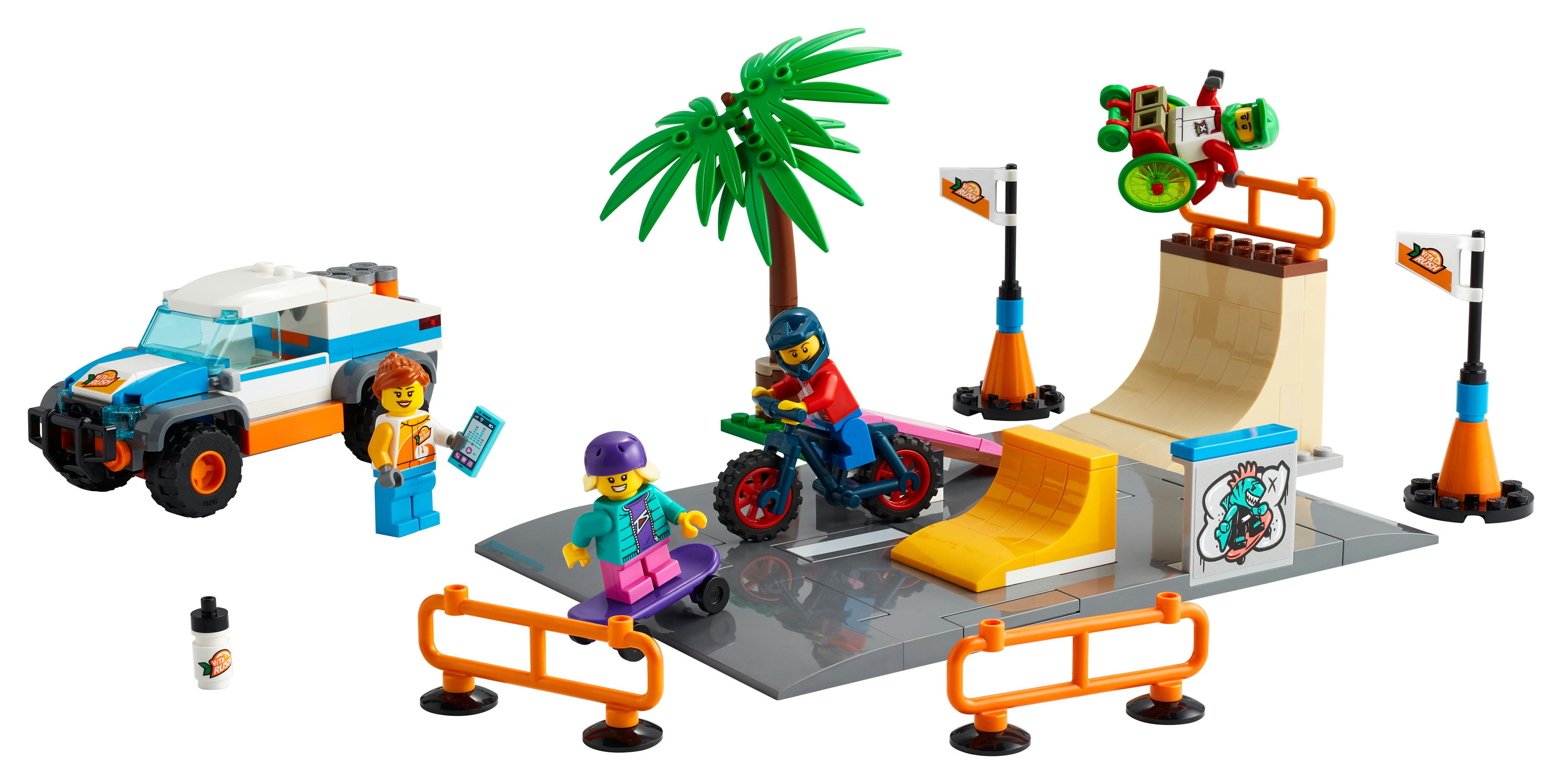 LEGO City Skatepark-Set mit Minifiguren, Rampen, Fahrrad, Skateboard und Palme.