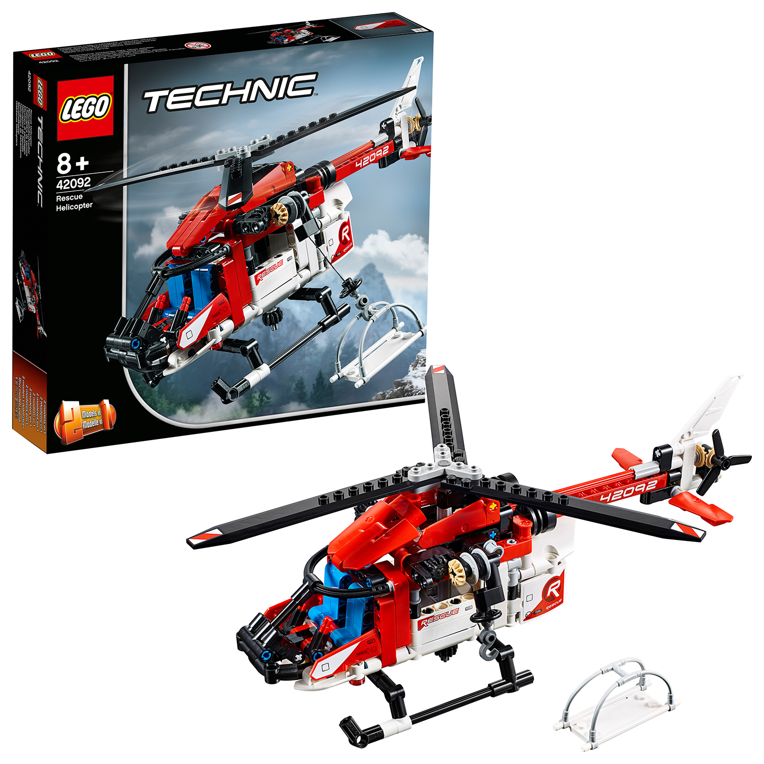 LEGO Technic Rescue Helicopter set. Red, white, and black helicopter and box art visible.