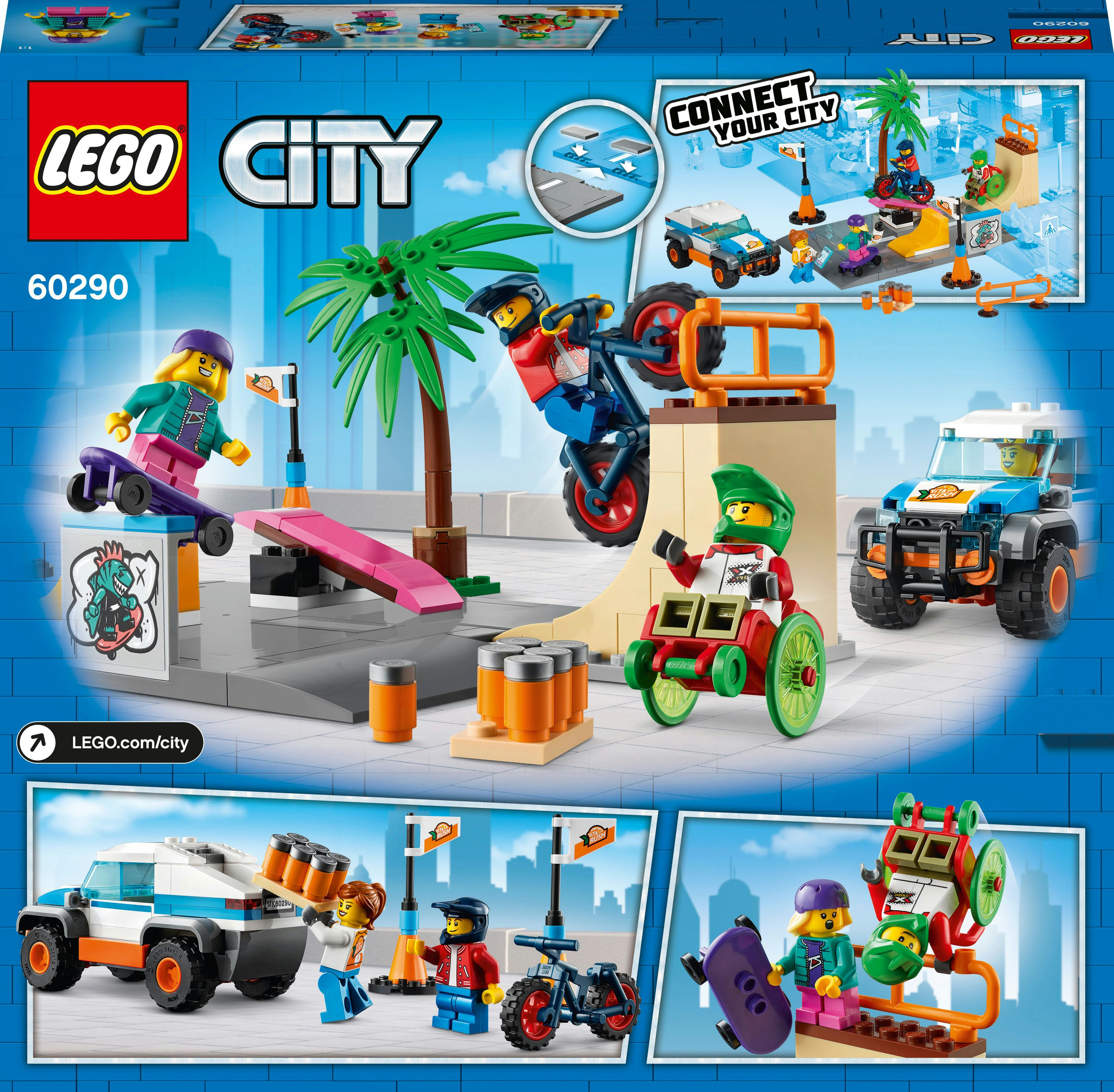 LEGO City Box mit Figuren auf Skateboards, Fahrrad und Auto. Stadtansicht mit Rampen, Palme und Gebäuden.
