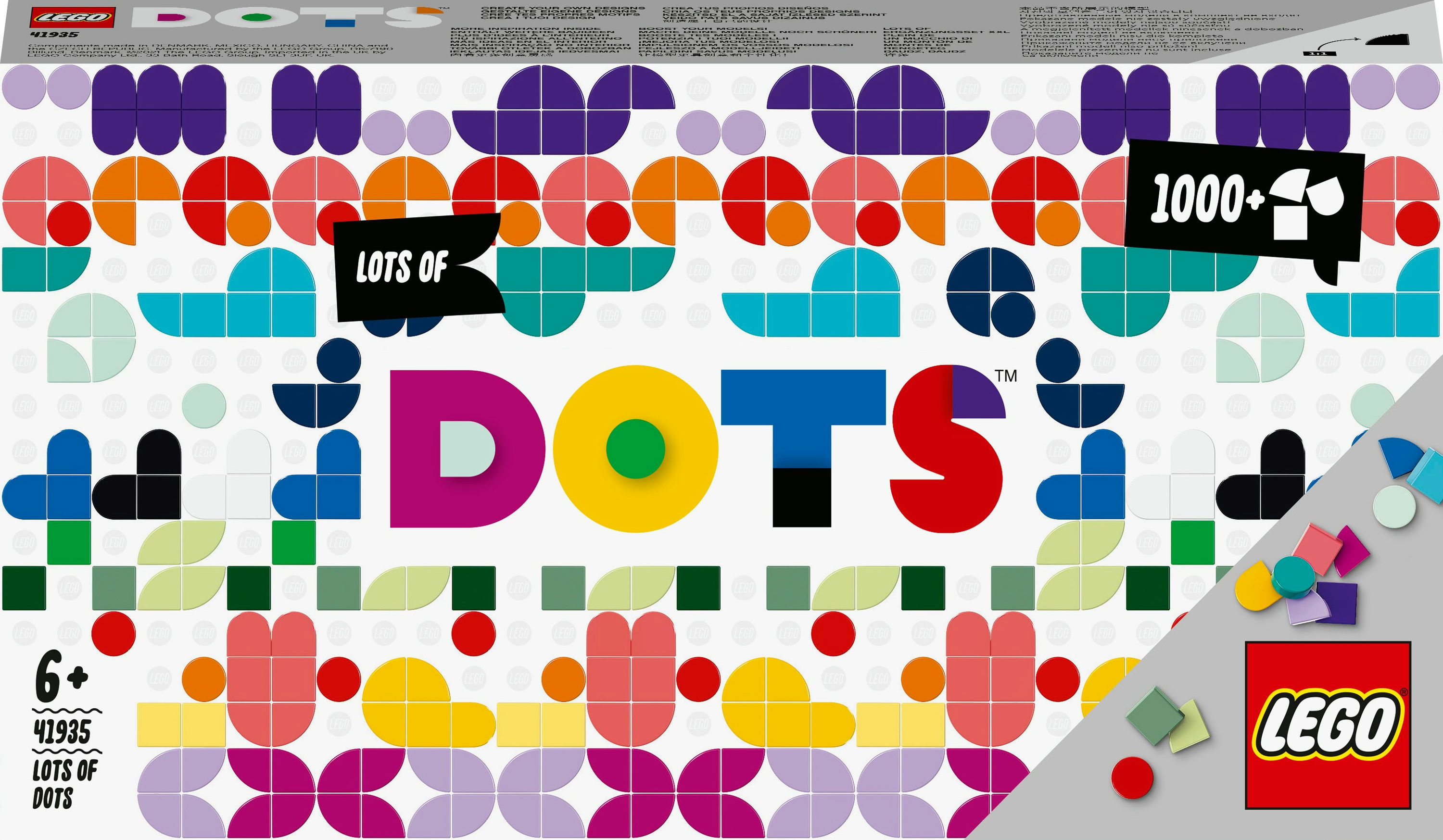 Lego Dots Box-Set mit bunten Designs und Lego-Logo, mit vielen Punkten.