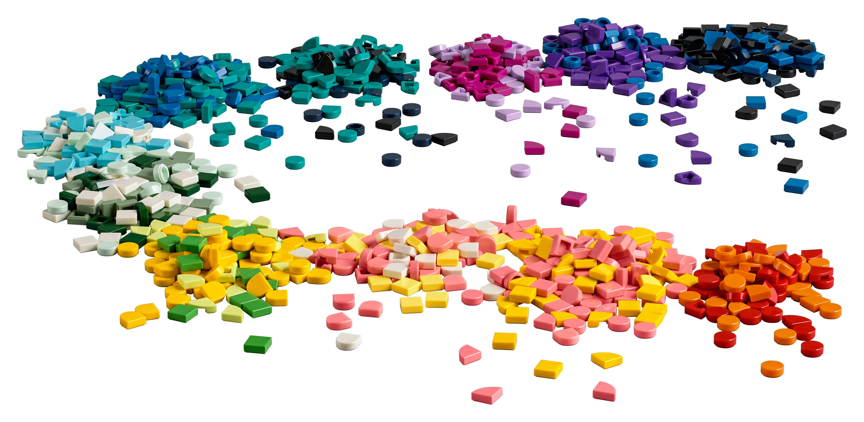 Lego Dots Set mit vielen bunten Kacheln, kreisförmig angeordnet.