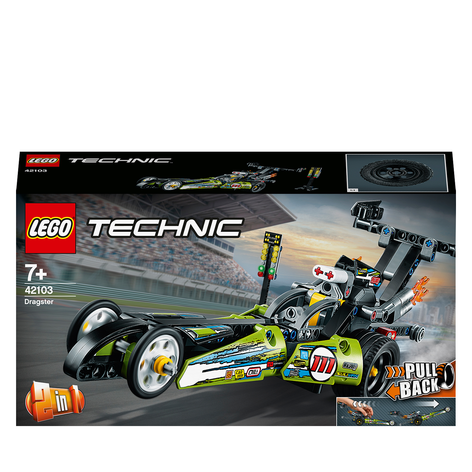 Lego Technic Dragster Set: Grünes und schwarzes Rennauto mit Rückzieheffekt. Die Box zeigt einen Dragster.
