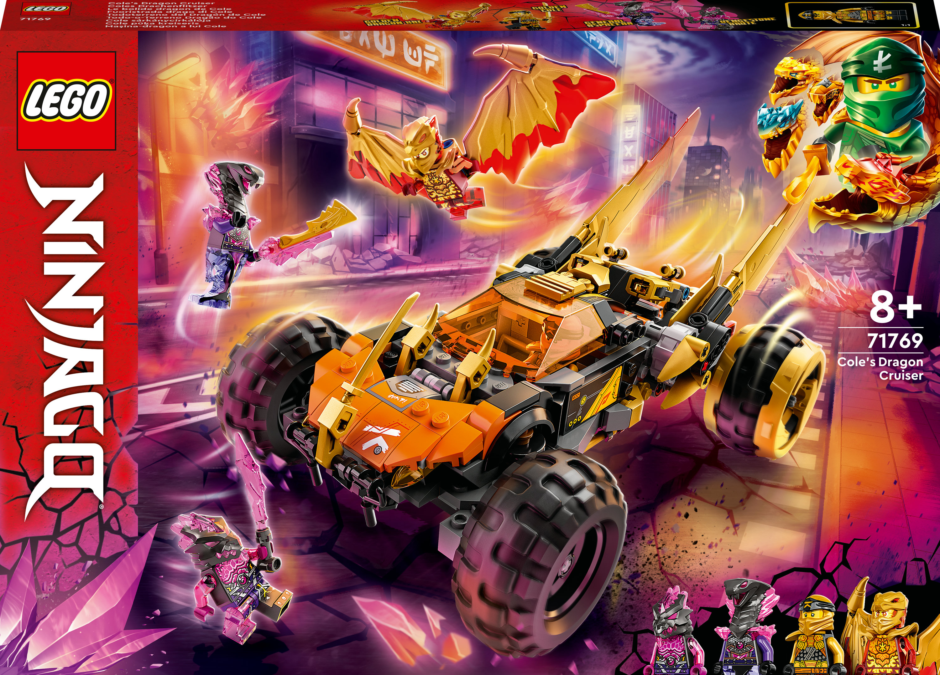 Lego Ninjago-Set mit einem drachenartigen Fahrzeug, Minifiguren und einem Stadtlandschaftshintergrund.
