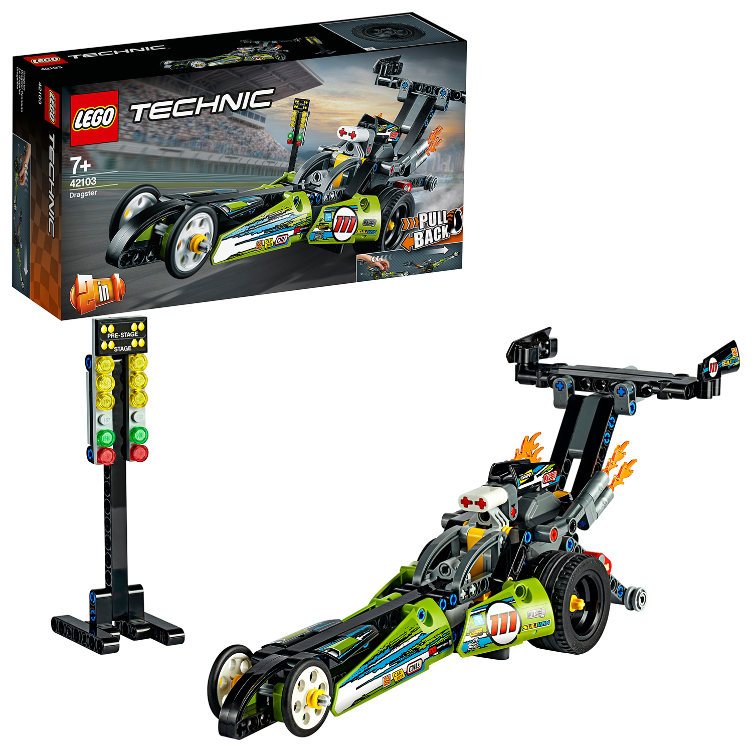 Lego Technic Dragster Set. Enthält ein grünes und schwarzes Rennauto und eine Startampel.