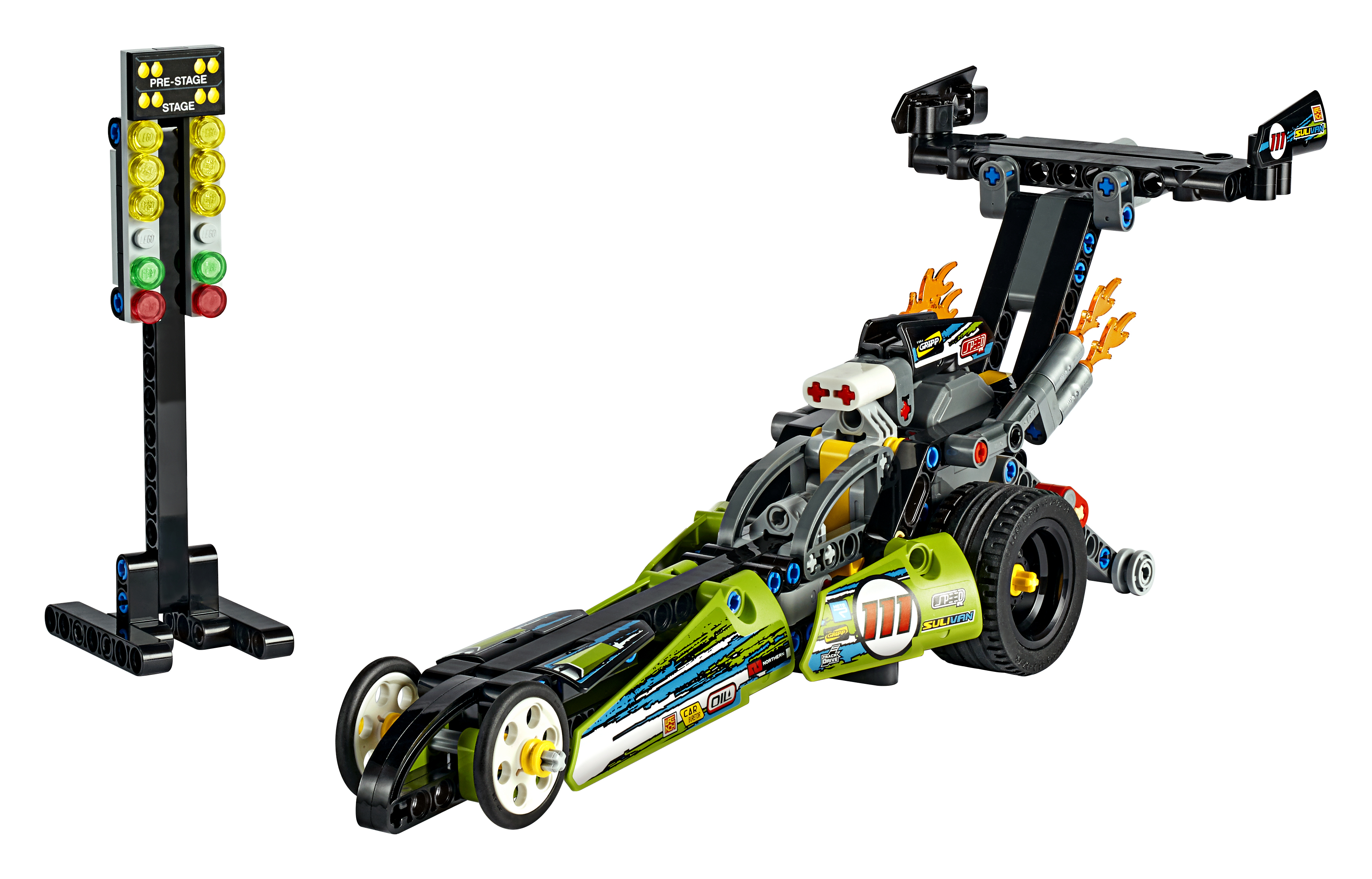 LEGO Technic Dragracer: ein grünes und schwarzes Rennwagenmodell mit Vorstartlicht.