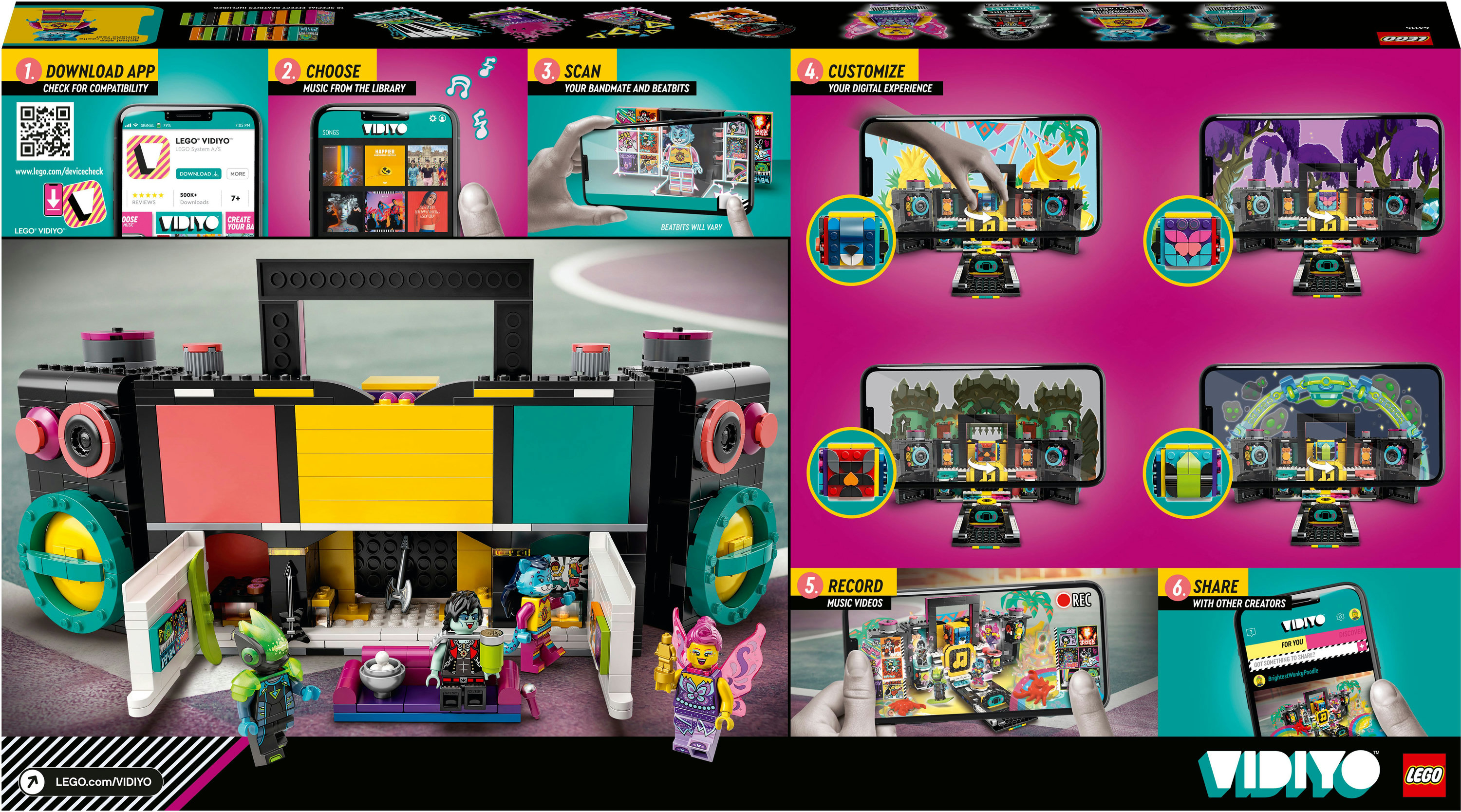 Zestaw Lego Vidiyo ze sceną, figurkami i instrukcjami wyświetlanymi na wielu ekranach telefonów.