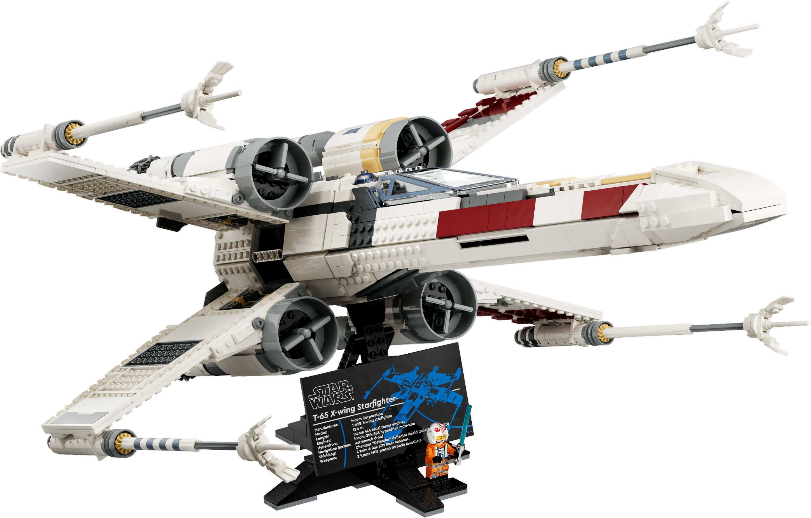 Zestaw LEGO Star Wars T-65 X-wing Starfighter. Zawiera myśliwiec gwiezdny i minifigurkę na stojaku.